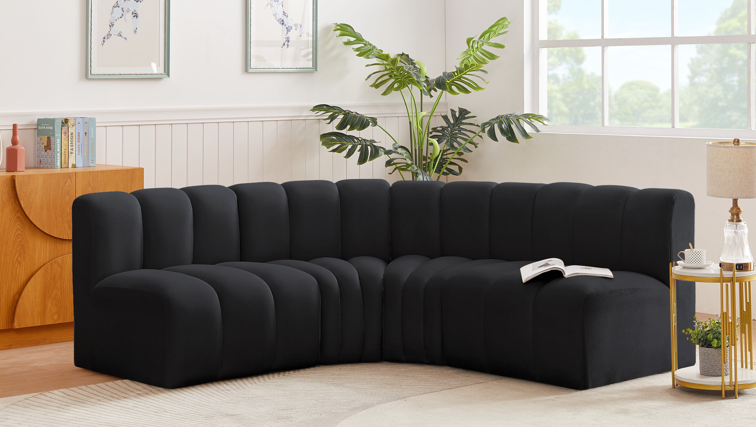 Arc - Velvet 4 Piece Corner Modular Sofa - Black