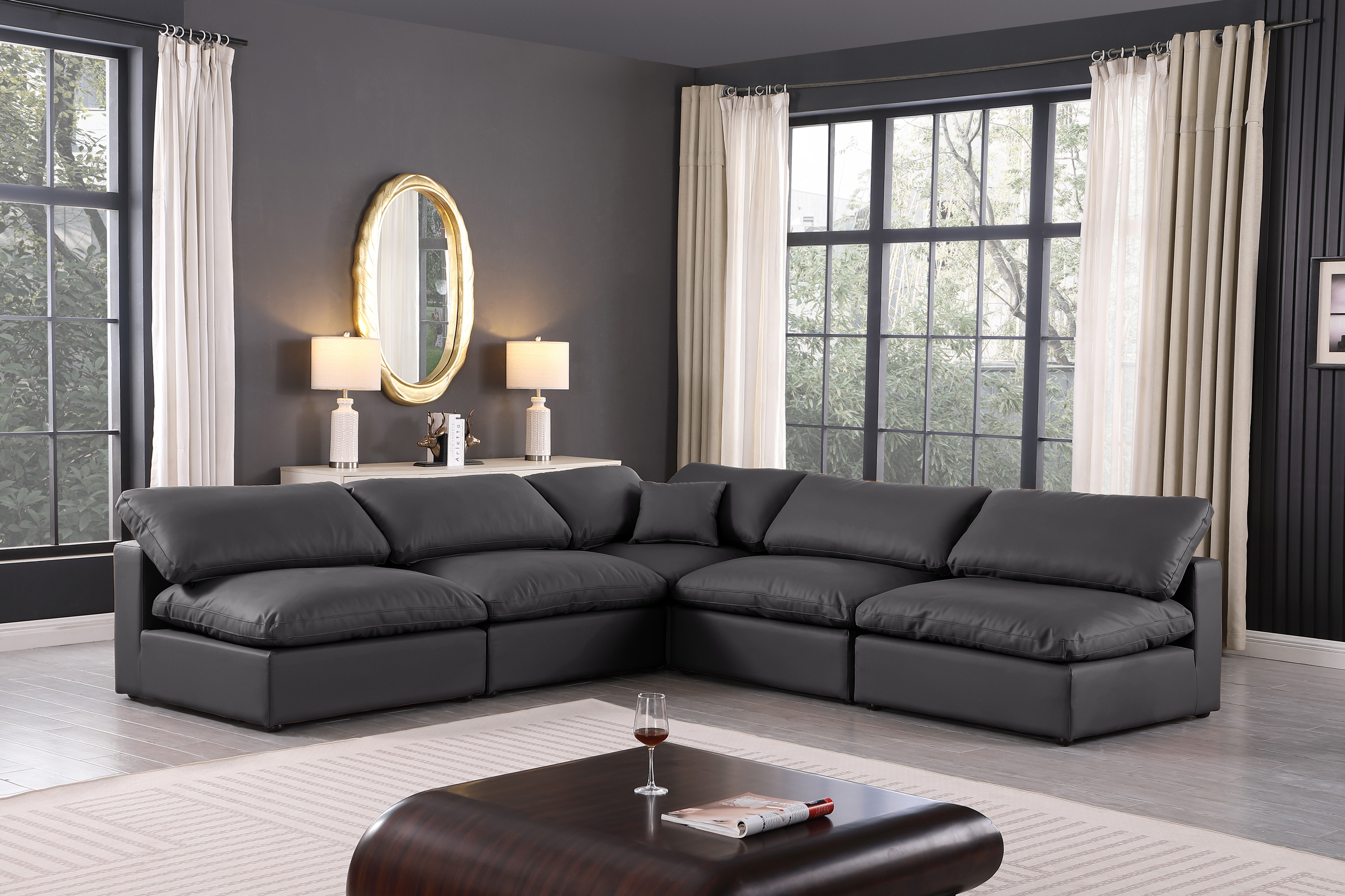 Comfy - 5 Piece Faux Leather Modular Corner Armless Sectional - Charcoal