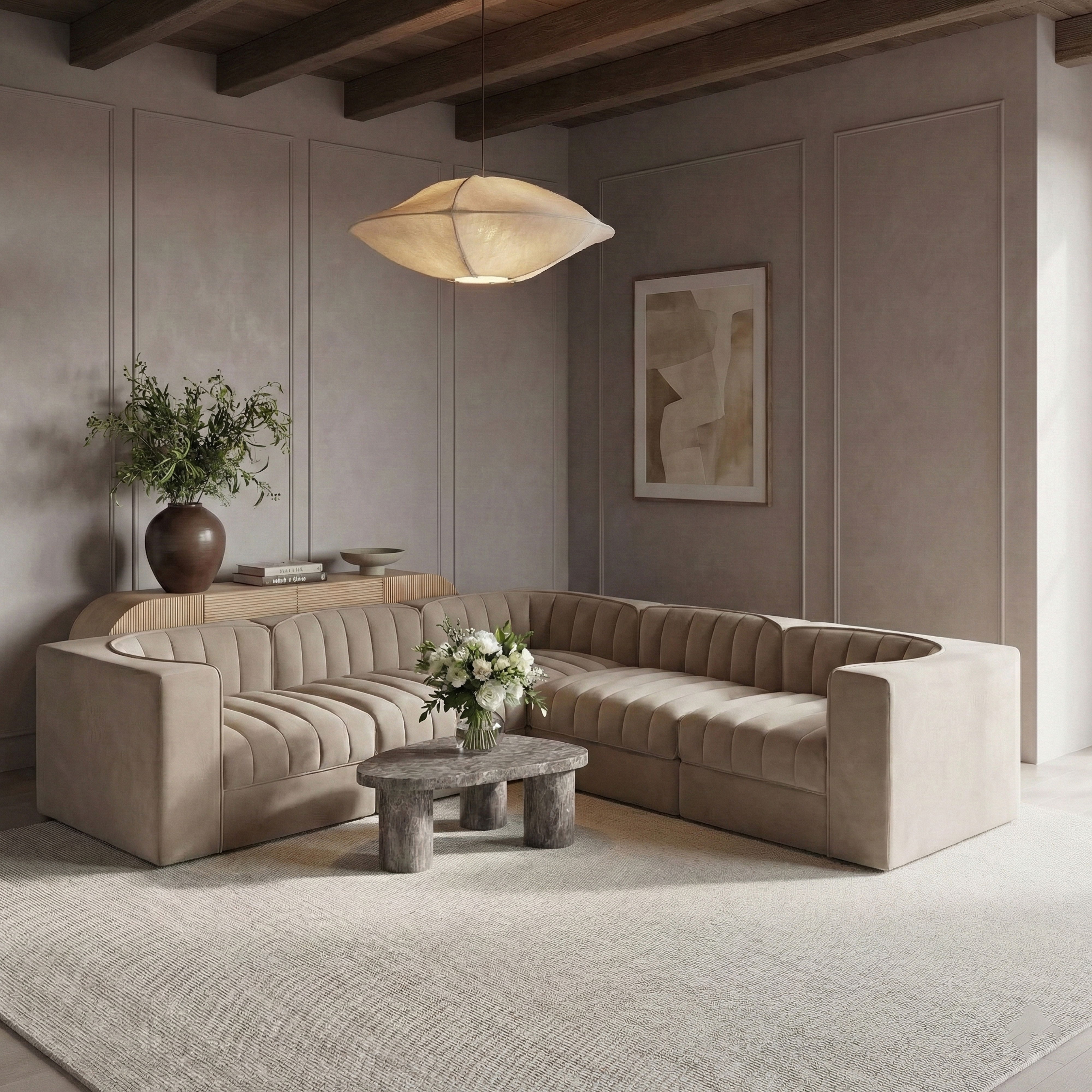 Rummi - Symmetrical Velvet Performance Fabric Upholstered 5 Piece Modular Sectional - Beige