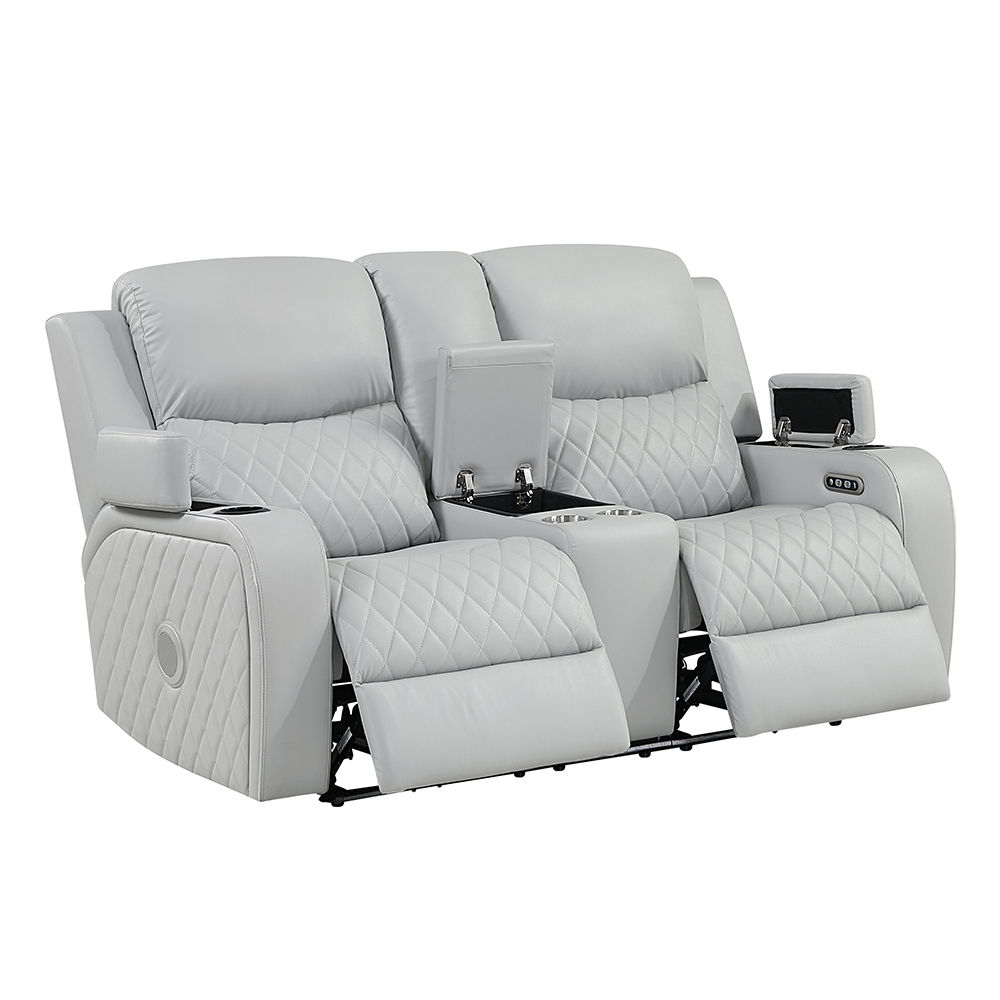 Elonzo - Power Motion Loveseat With Console, LED, Power Headrest & Speaker - Light Gray, light gray, view 5