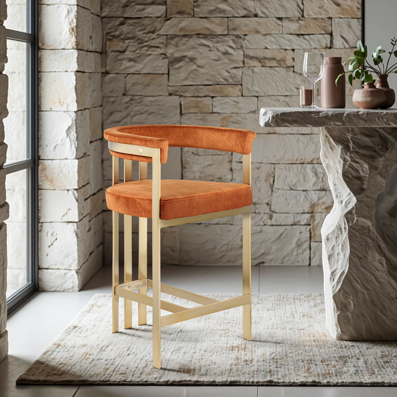 Marcello - Counter Stool With Brushed Gold Iron Frame (Set of 2) - Cognac