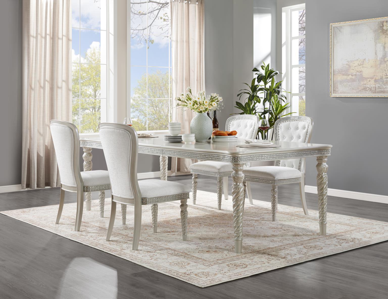 D033 - 5 Piece Dining Room Set (Table, 4 Side Chairs) - Silver / Ivory
