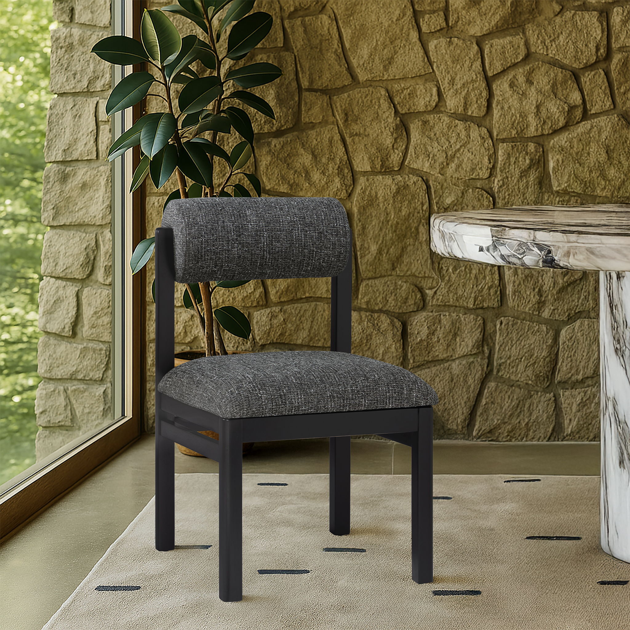 Roundhill - Linen Textured Fabric Upholstered Dining Chair (Set of 2) - Black