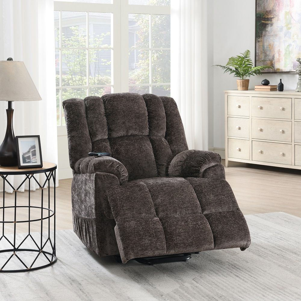 Pacay - Power Recliner With Lift & Heating & Massage - Brown Chenille, dark gray