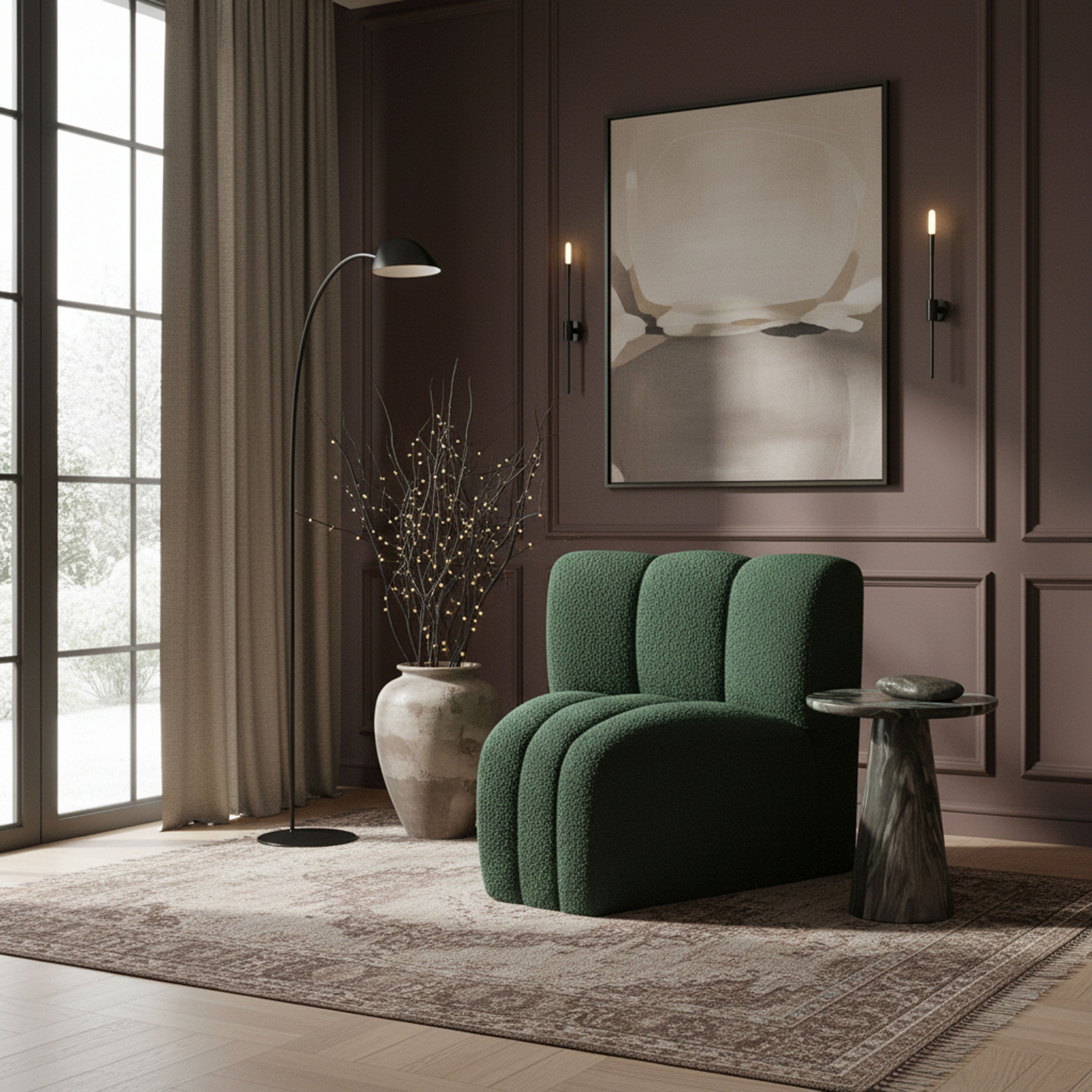 Arc - Boucle Fabric Curved Corner Chair - Green