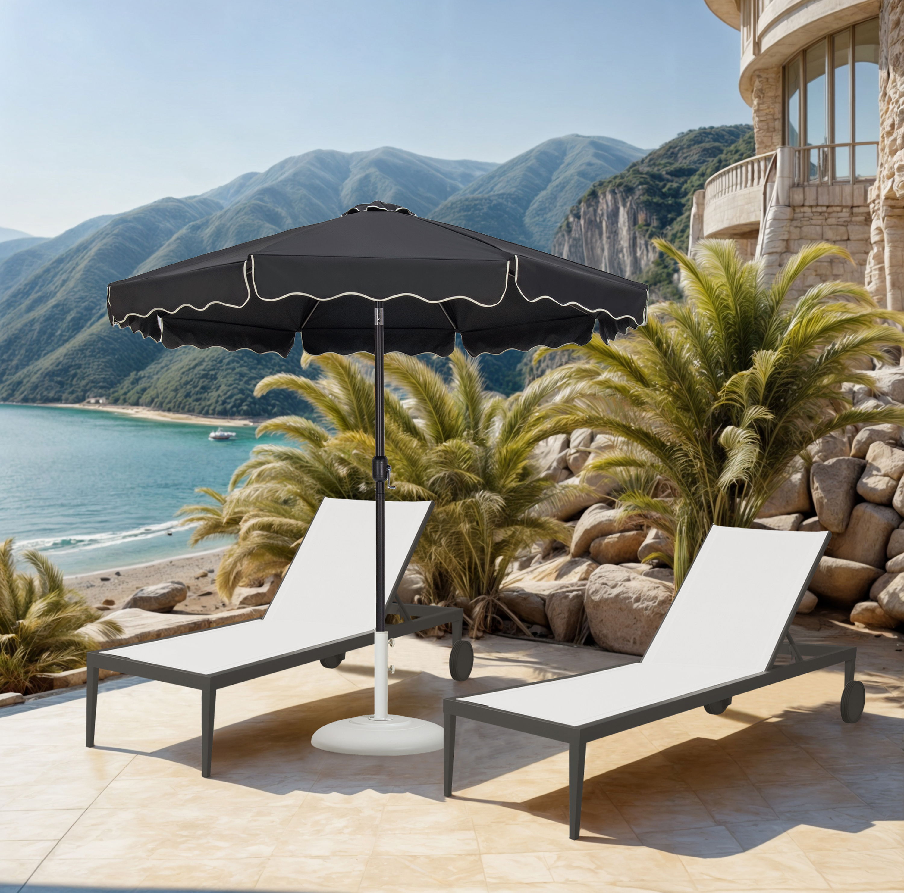 Amalfi - With Cream Piping Aluminum Patio Umbrella With White Base / Black Pole - Black