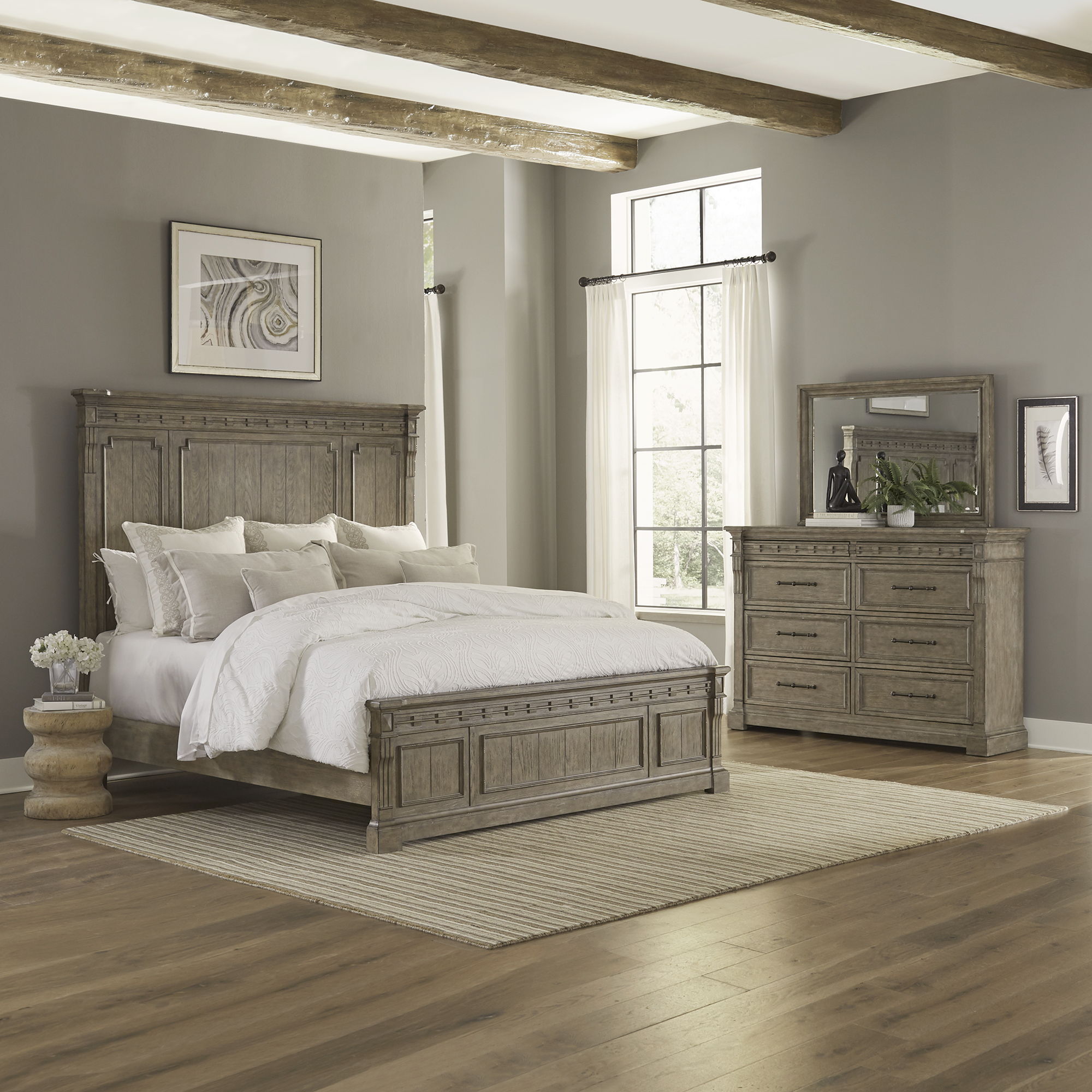 Liberty Furniture Town & Country - 3 Piece Bedroom Set (King Panel Bed, Dresser & Mirror) - Medium Brown