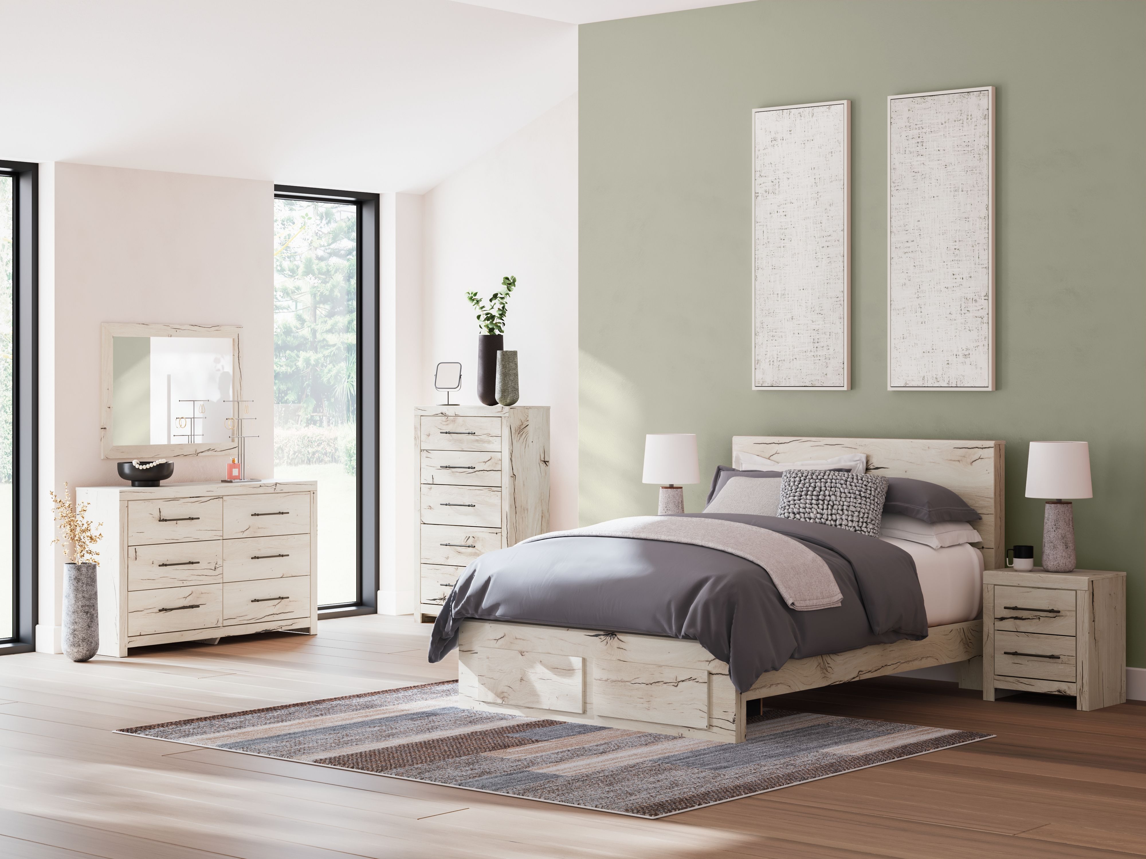 Ashley Lawroy - Light Natural - 7 Pc. - Dresser, Mirror, Chest, Queen Panel Bed With Storage Footboard