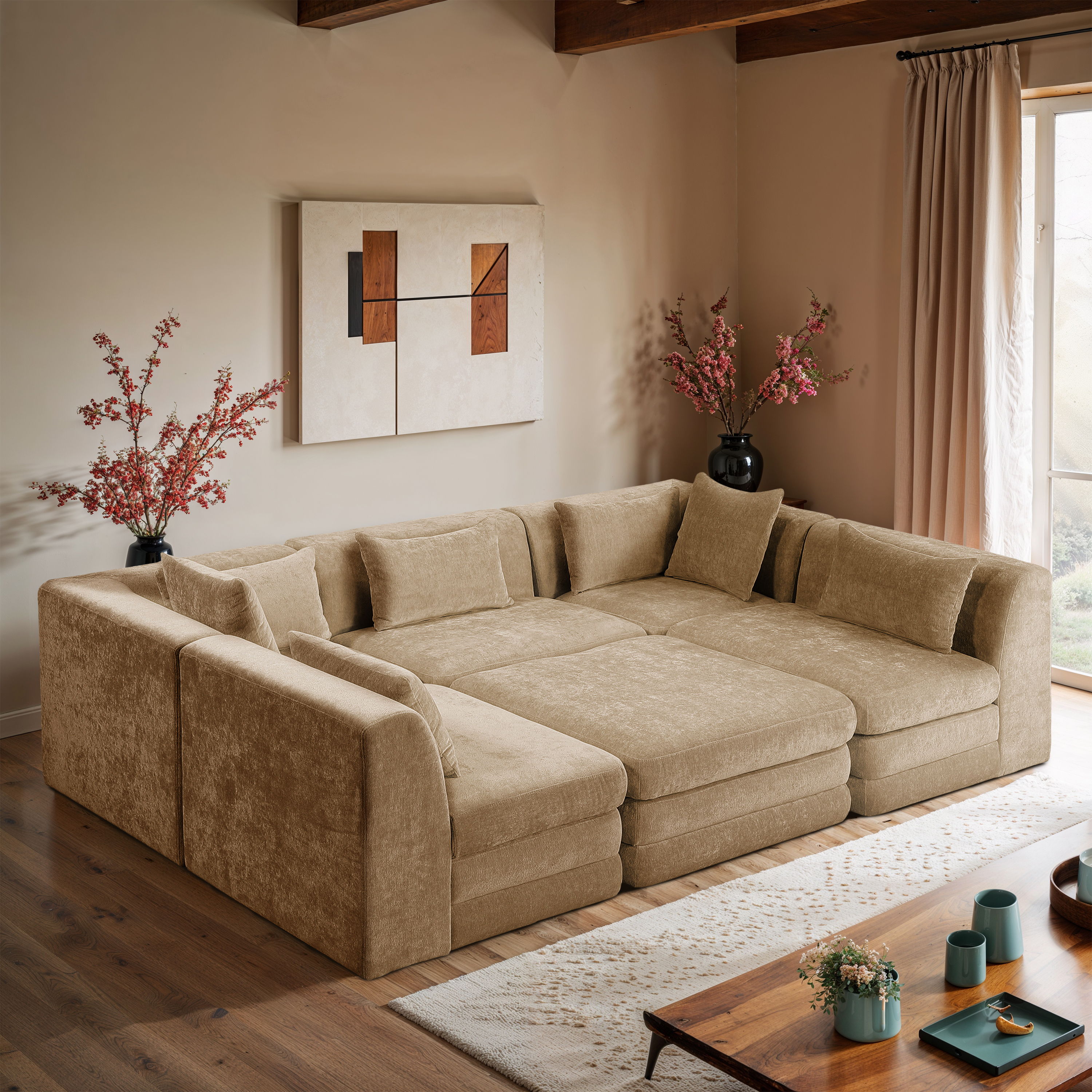 Stellar - 6 Piece Chenille Fabric 114" Upholstered Modular Sectional - Beige
