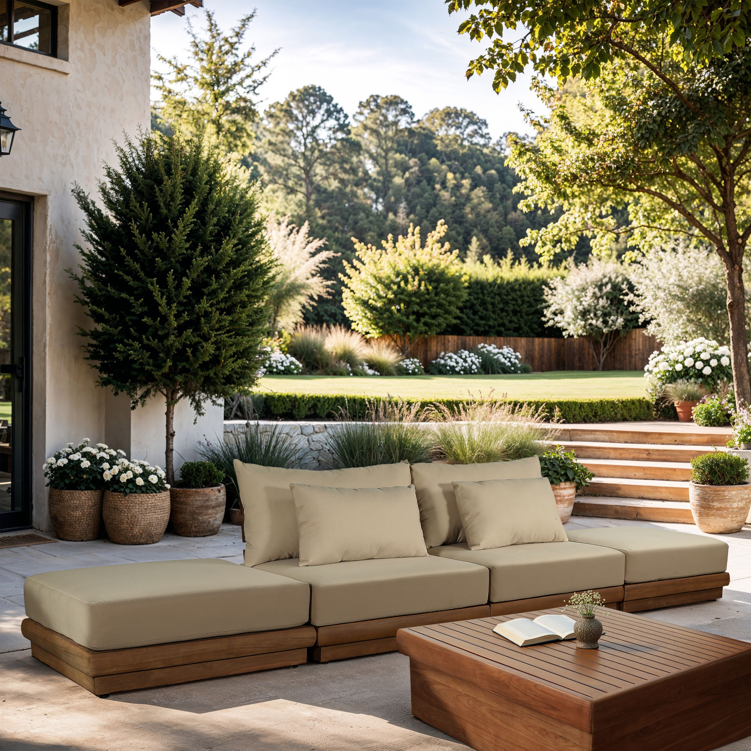 Mirella - 4 Piece Water Resistant Fabric 148" Upholstered Outdoor Patio Modular Sofa - Tan