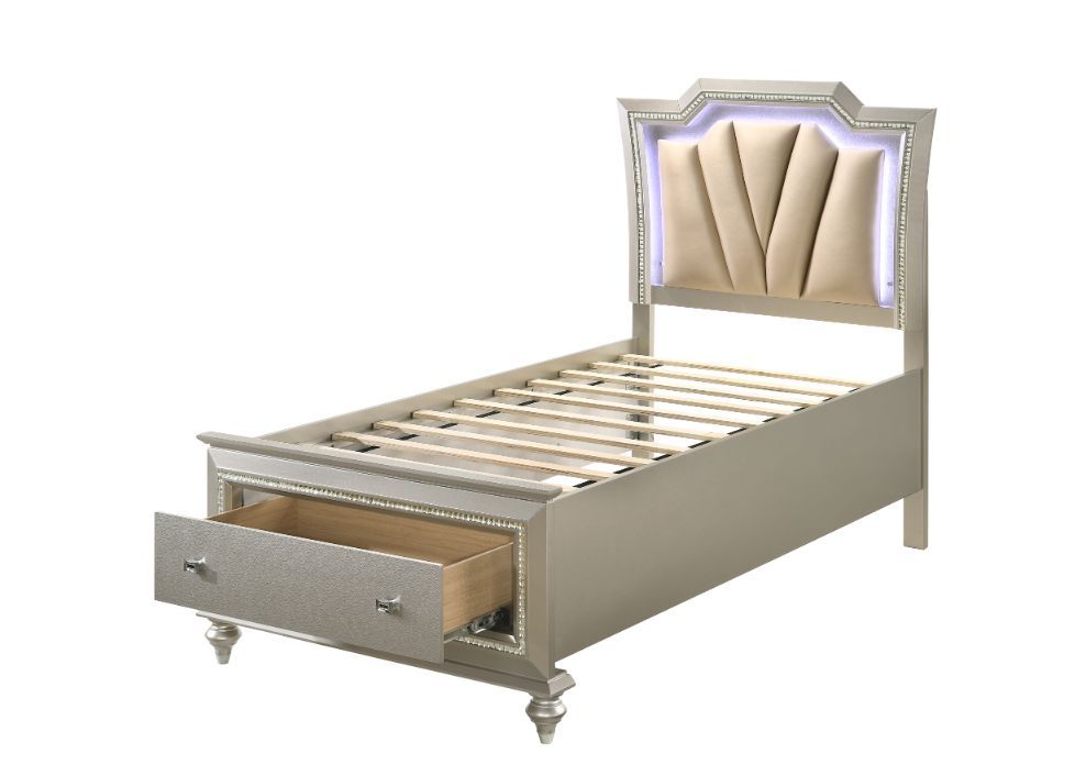 Kaitlyn - Full Bed With LED & Storage - Synthetic Leather & Champagne, beige, view 4
