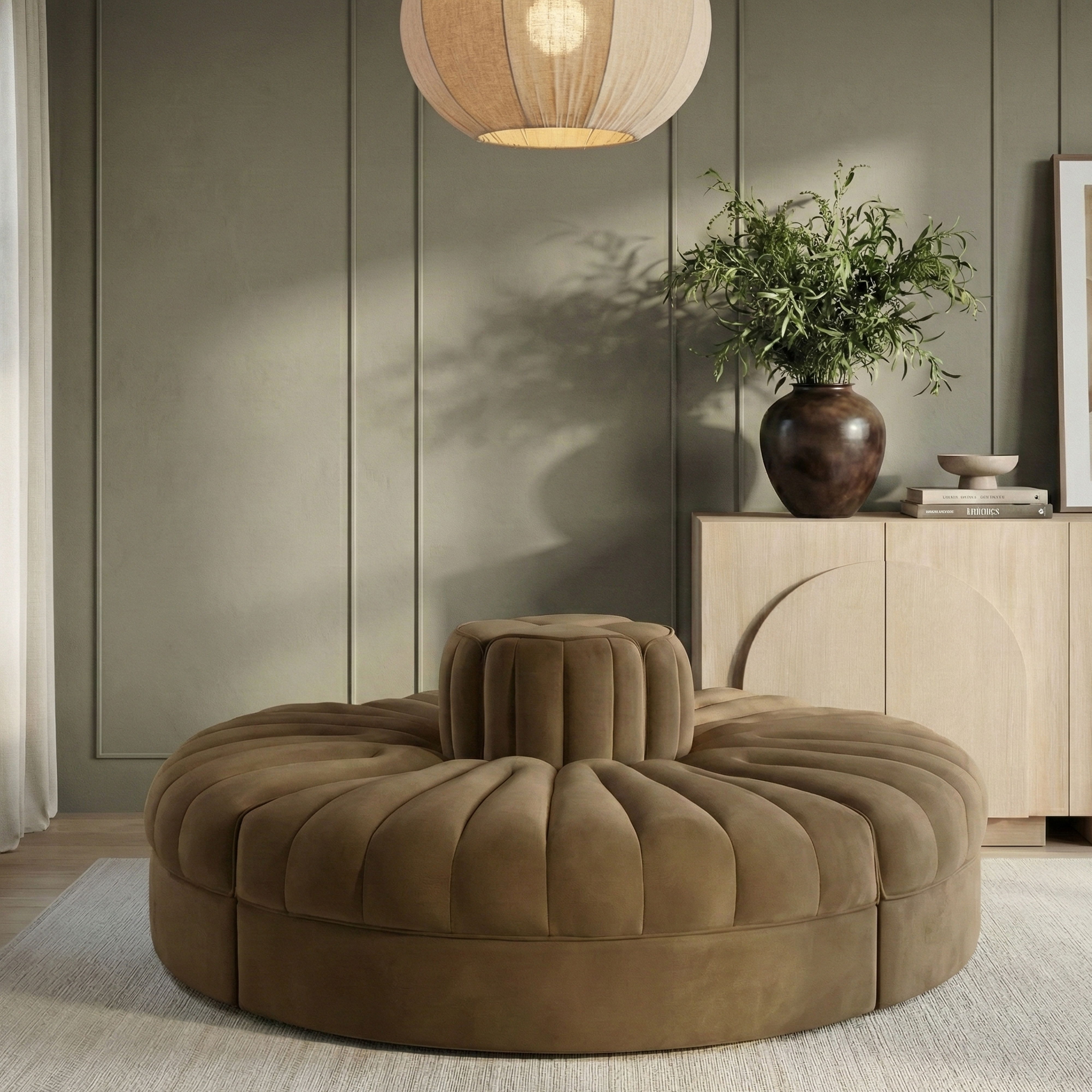 Rummi - Round Velvet Performance Fabric Upholstered 4 Piece Modular Sofa - Saddle