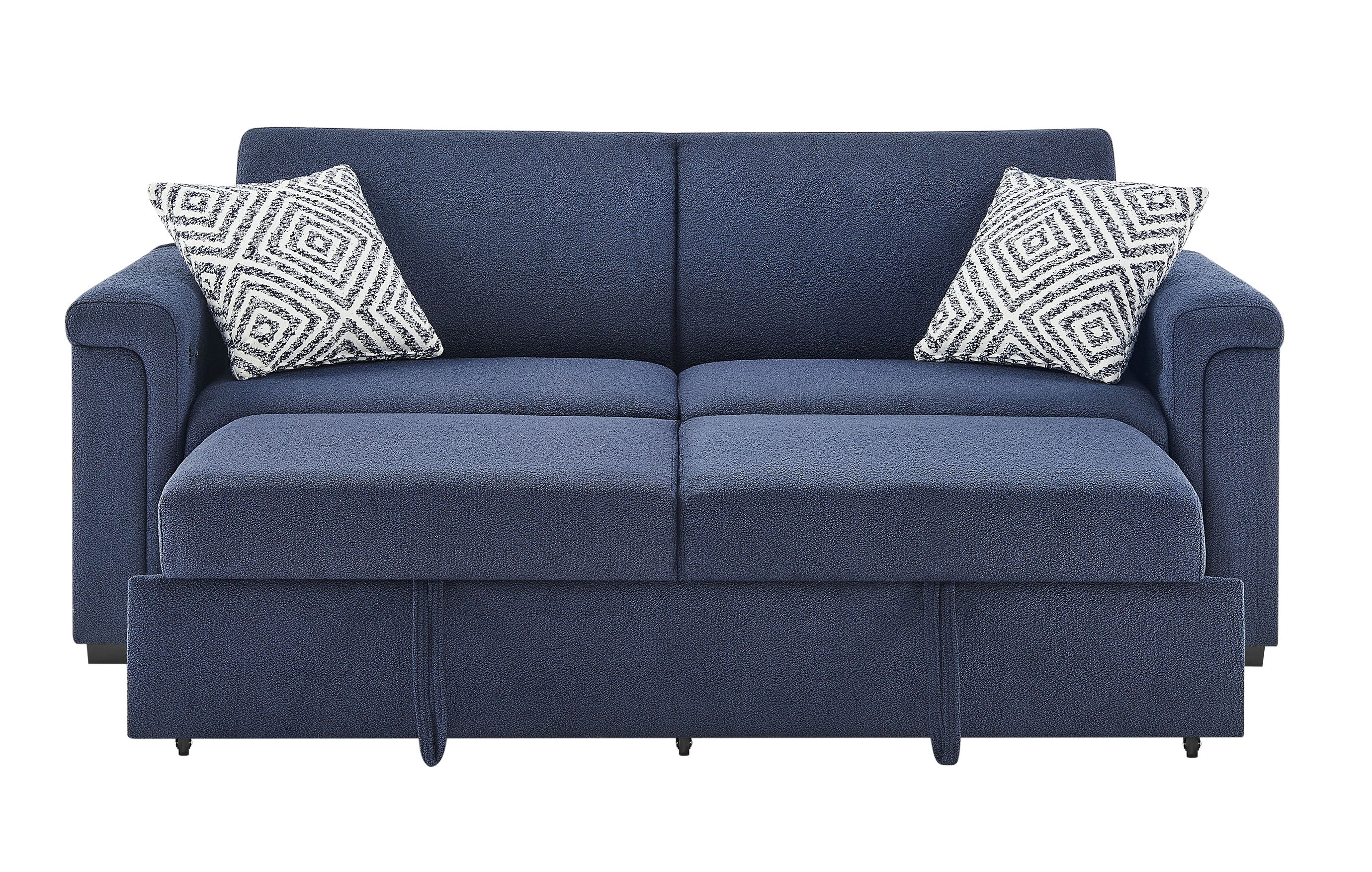 U0211 - Pull Out Sofa Bed With Wooden Bookcase Arm With LED Acrylic Shelves And Speakers - Navy