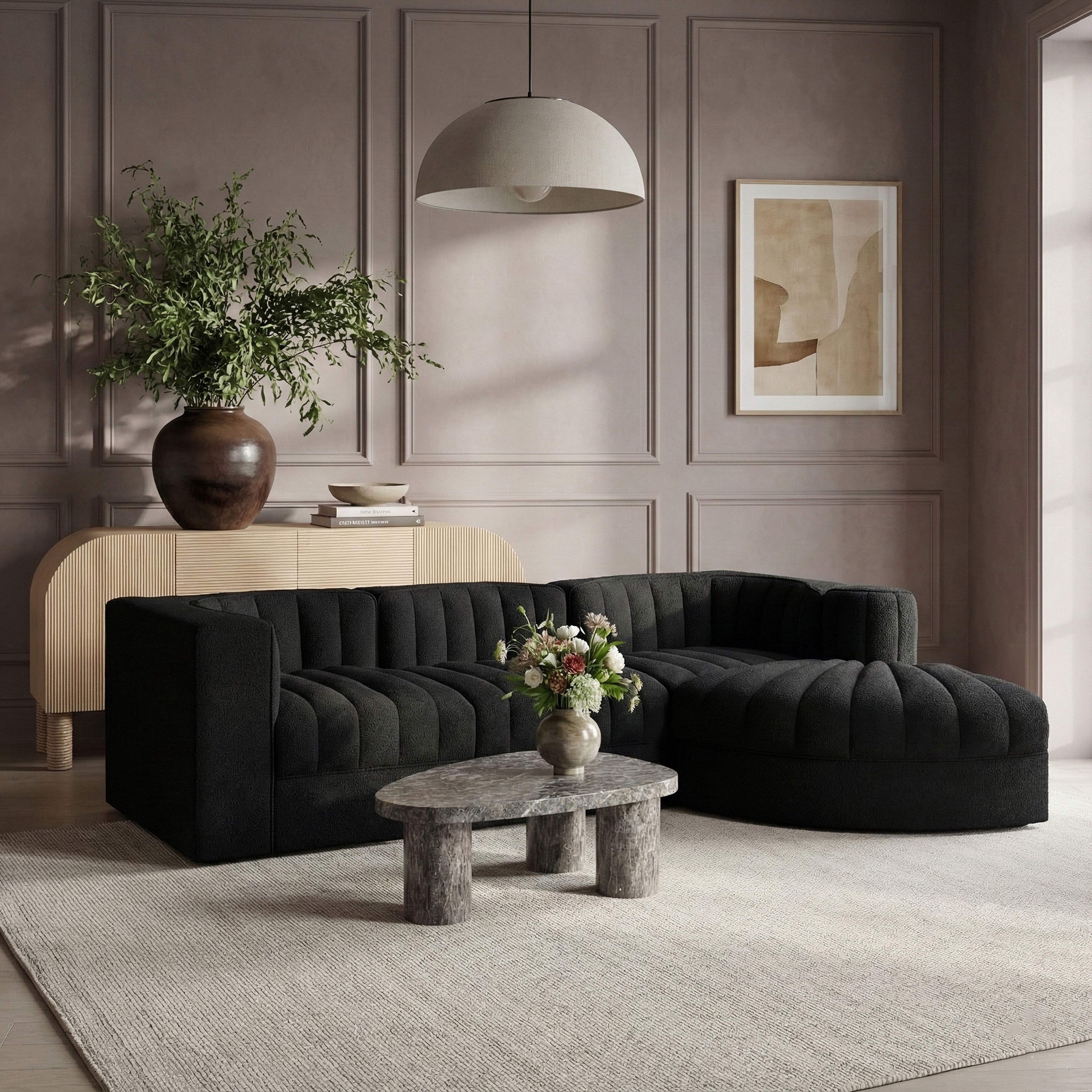 Rummi - Velvet Performance Fabric Upholstered 4 Piece Modular Sectional, With Reverse Corner Chair - Black
