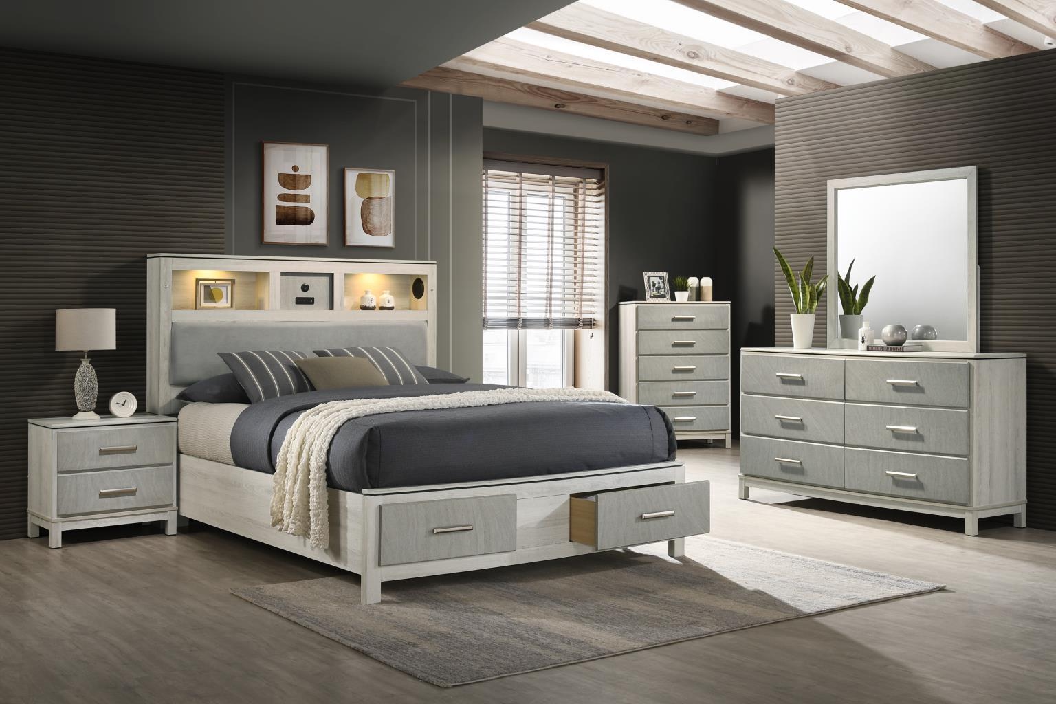 B261 - 5 Piece Bedroom Set (Queen Bed Frame, Dresser, Mirror, Chest, Nightstand) - Light Beige / Dove Gray