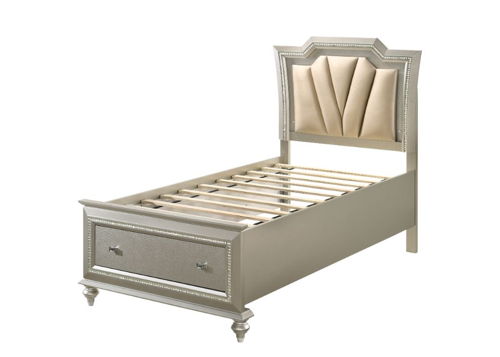 Kaitlyn - Full Bed With LED & Storage - Synthetic Leather & Champagne, beige