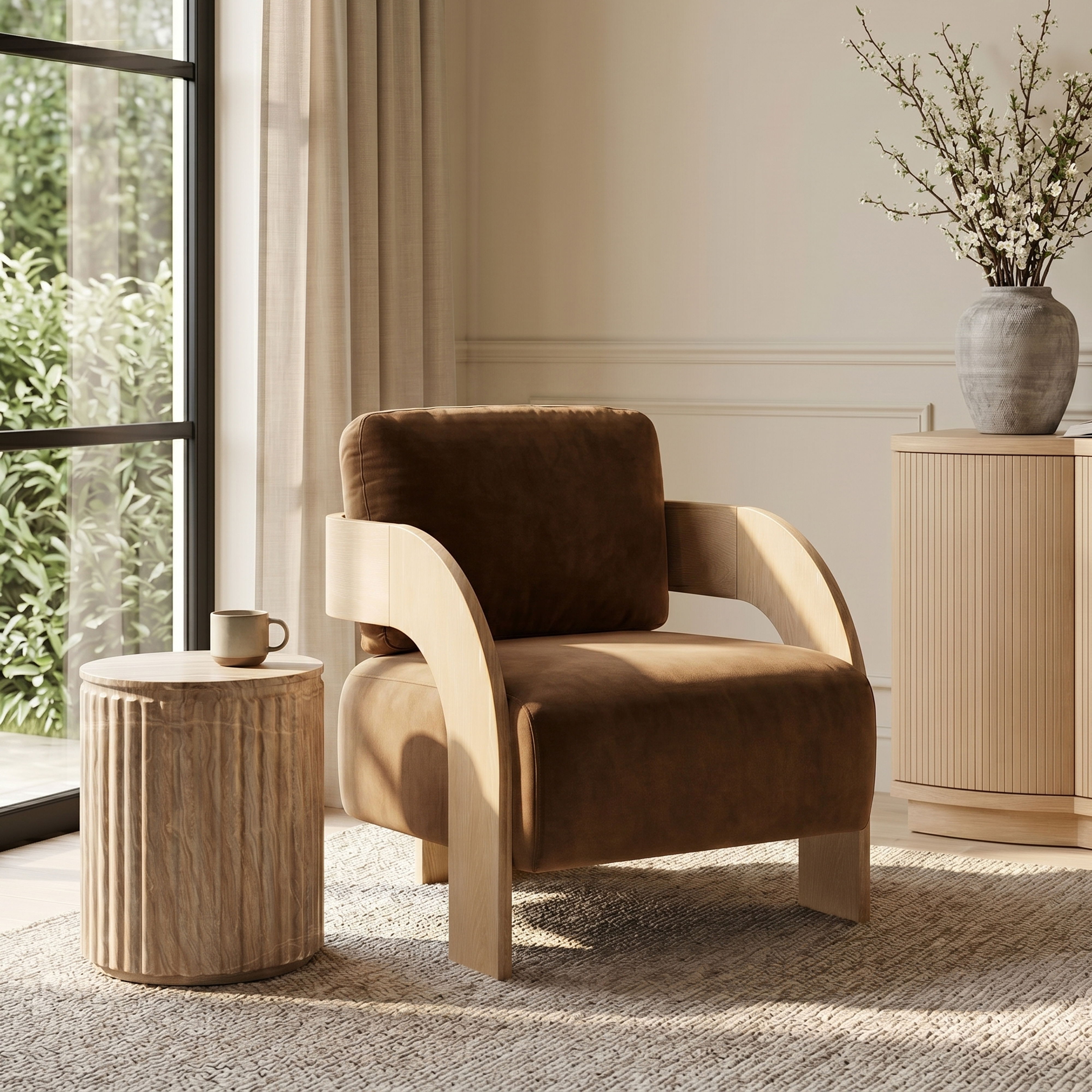 Cedra - Velvet Performance Fabric Upholstered Accent Chair - Saddle / Natural