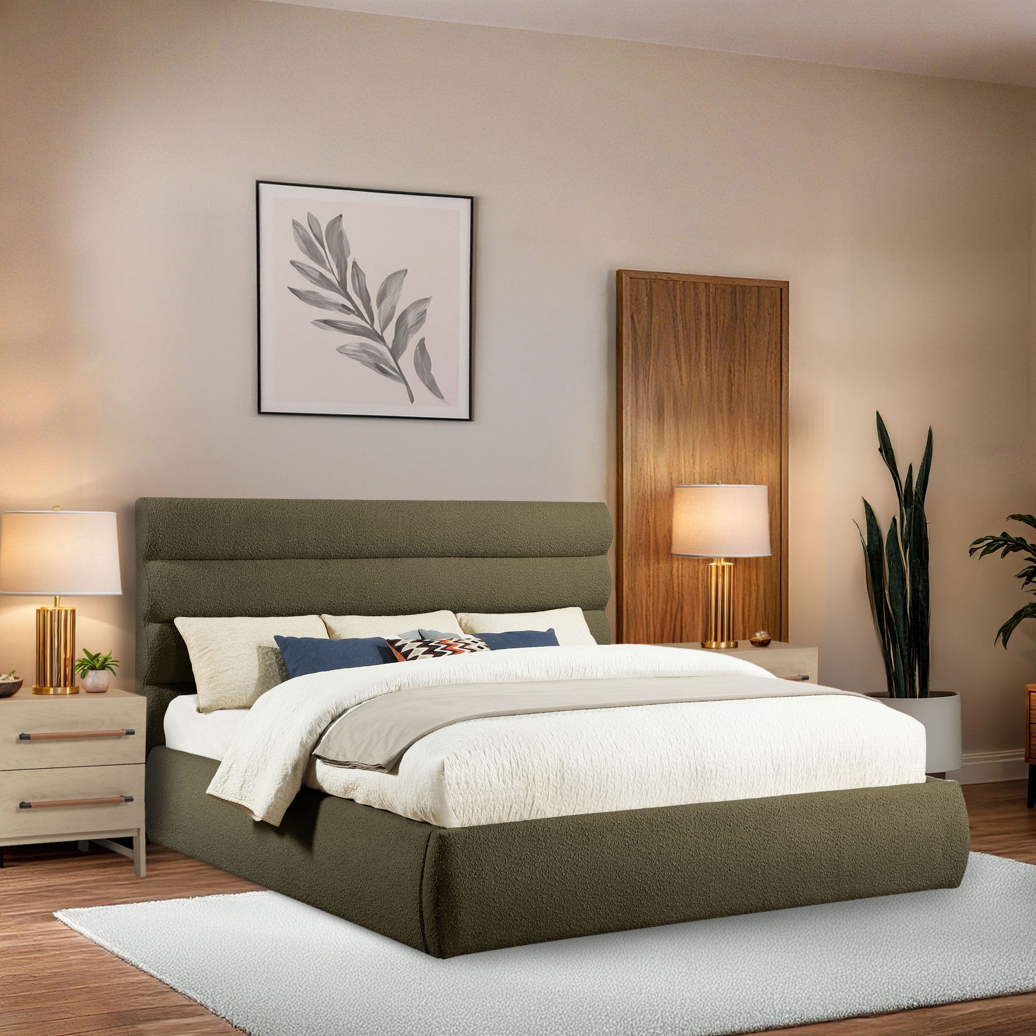 Adam - Boucle Fabric King Bed With 52" Headboard - Olive