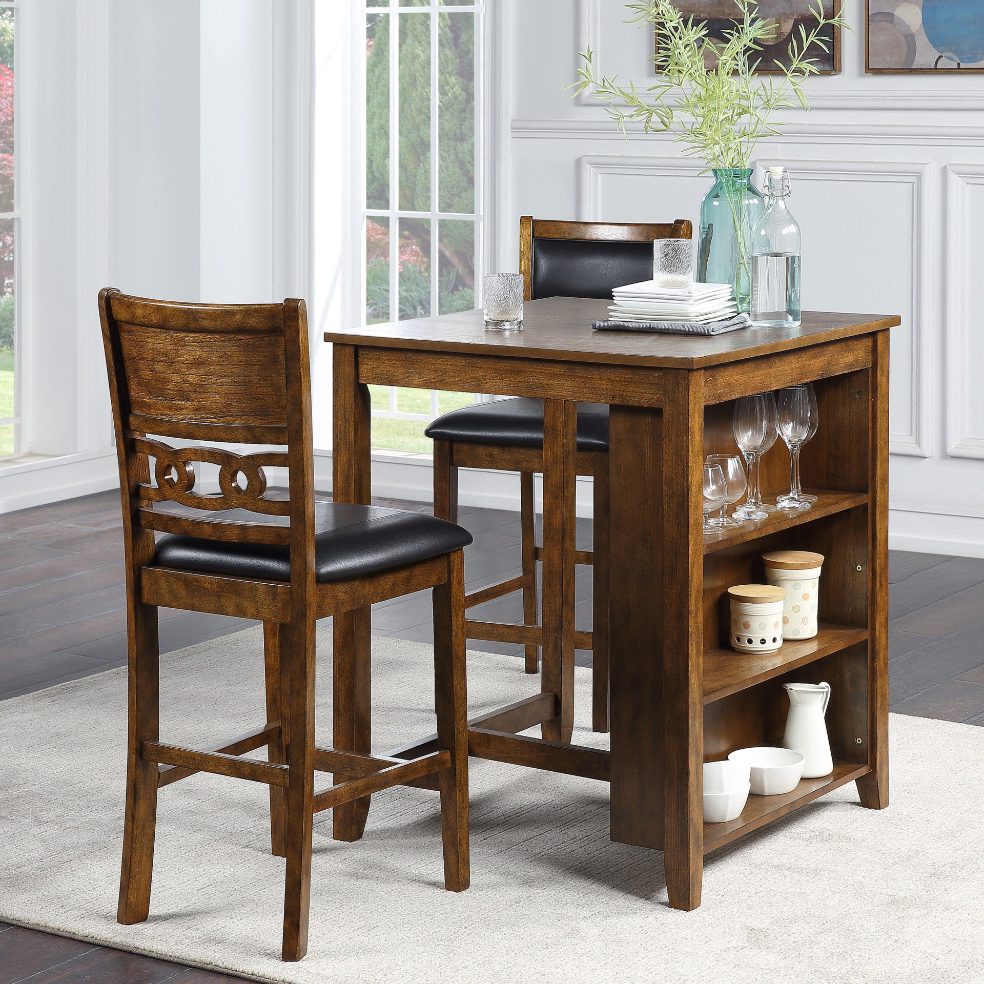 Gia - Counter Table With 2 Chairs & Storage Shelf - Brown, dark brown