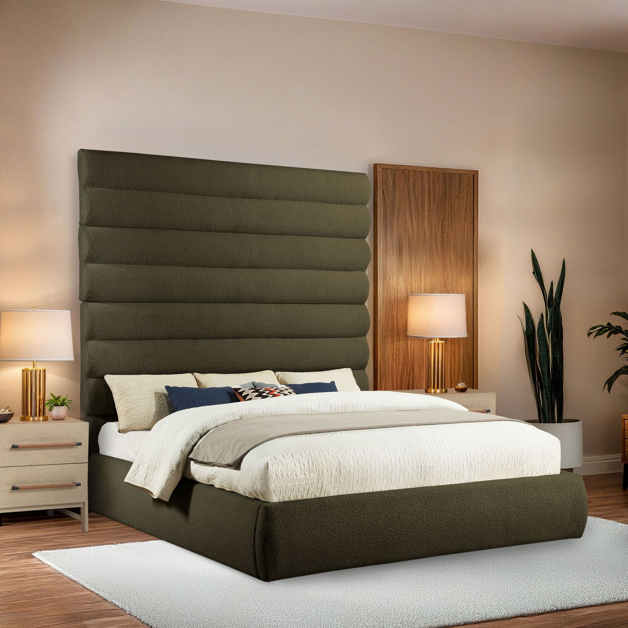 Adam - Boucle Fabric King Bed With 89" Headboard - Olive