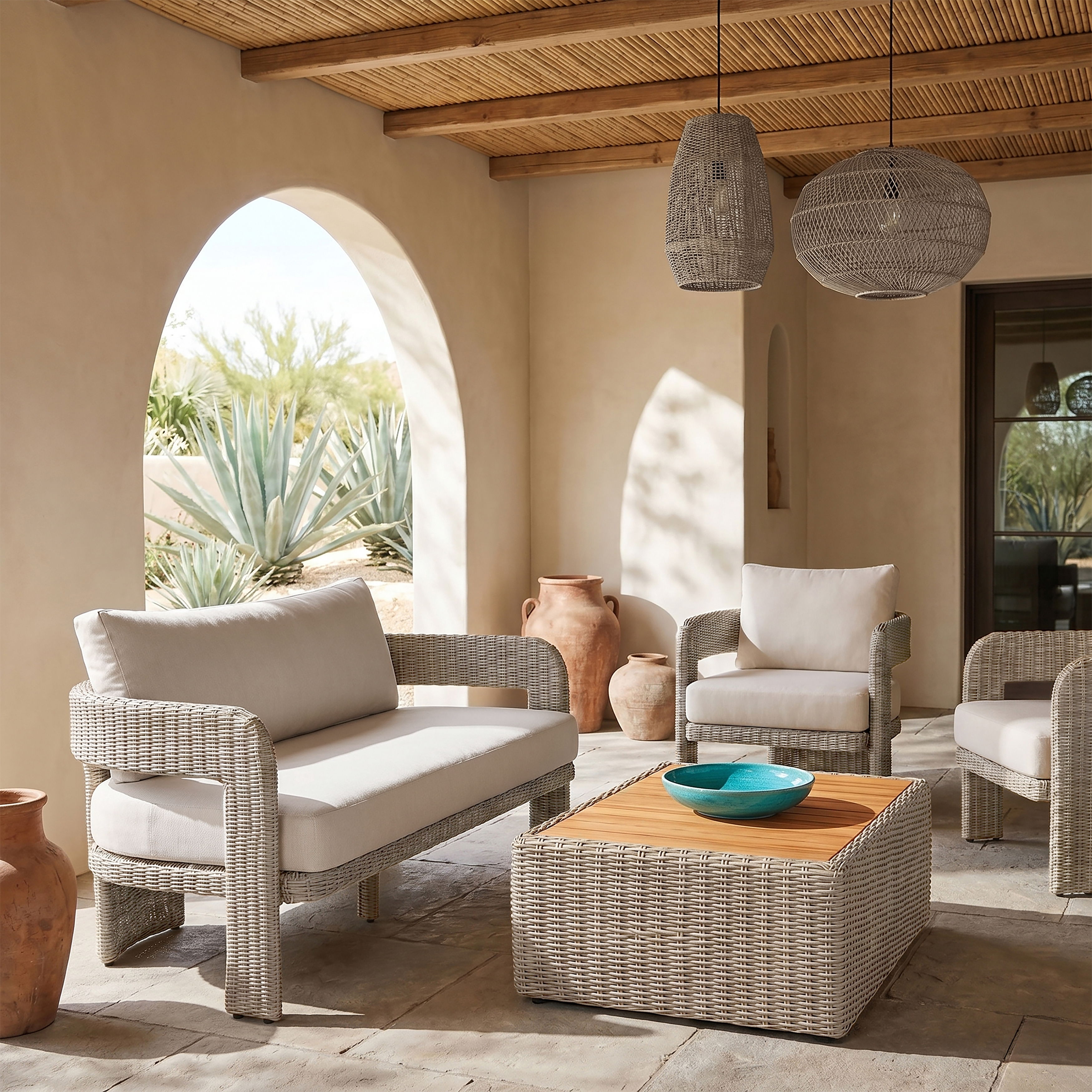Sandbay - Olefin Water Resistant Fabric And Wicker Outdoor Patio Loveseat - Cream