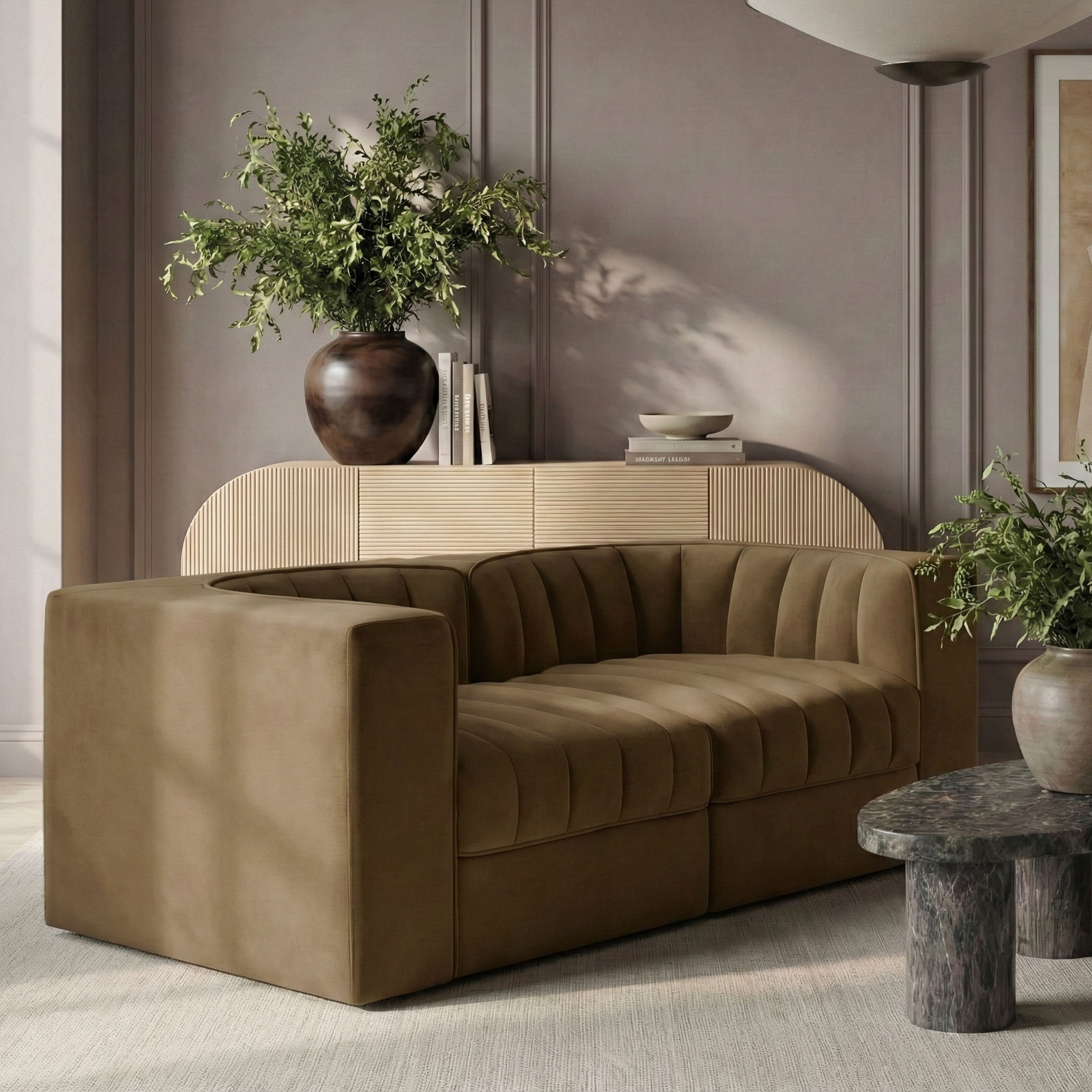Rummi - Velvet Performance Fabric Upholstered 2 Piece Modular Loveseat With Arms - Saddle