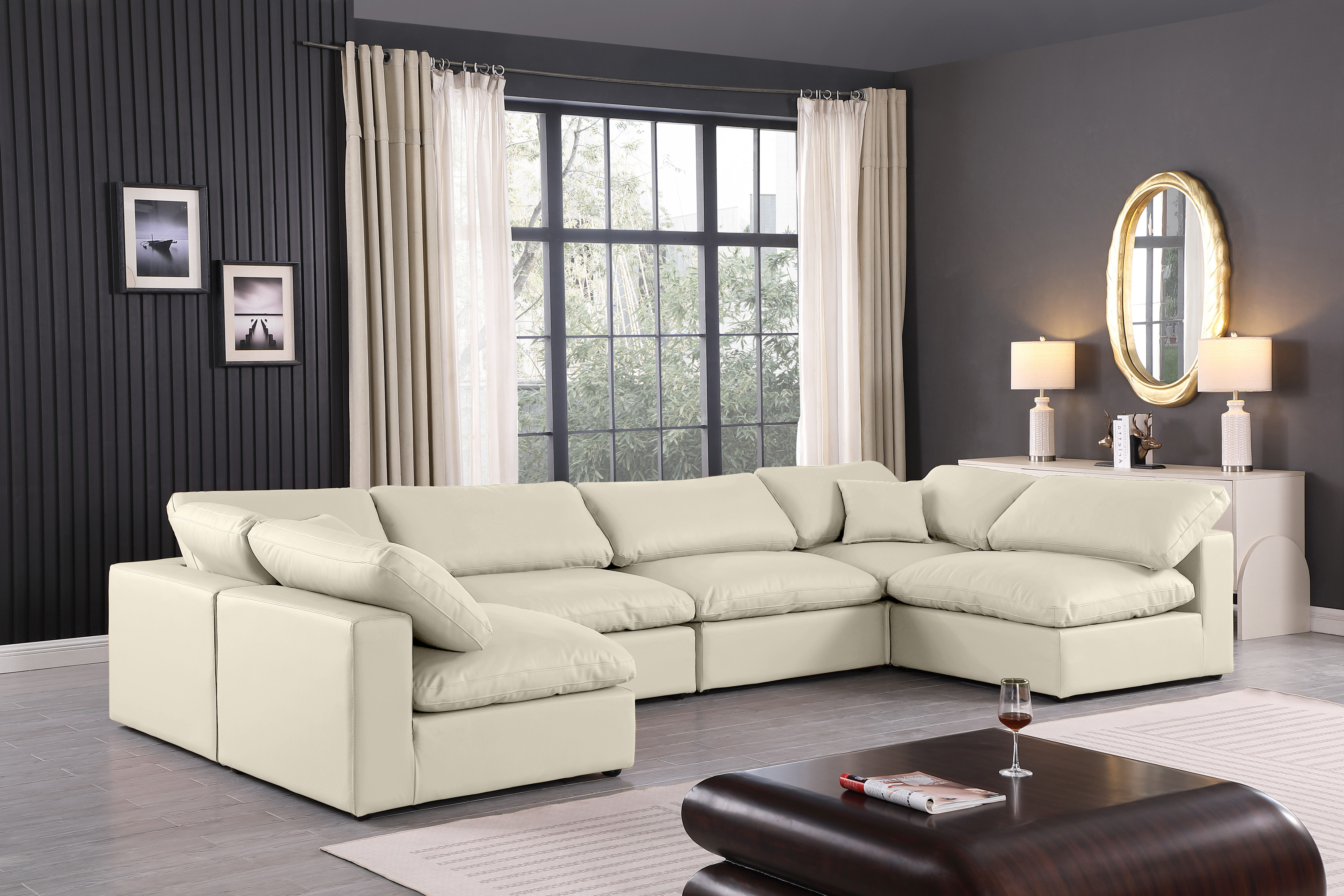 Comfy - 6 Piece Faux Leather Modular Armless Sectional - Cream