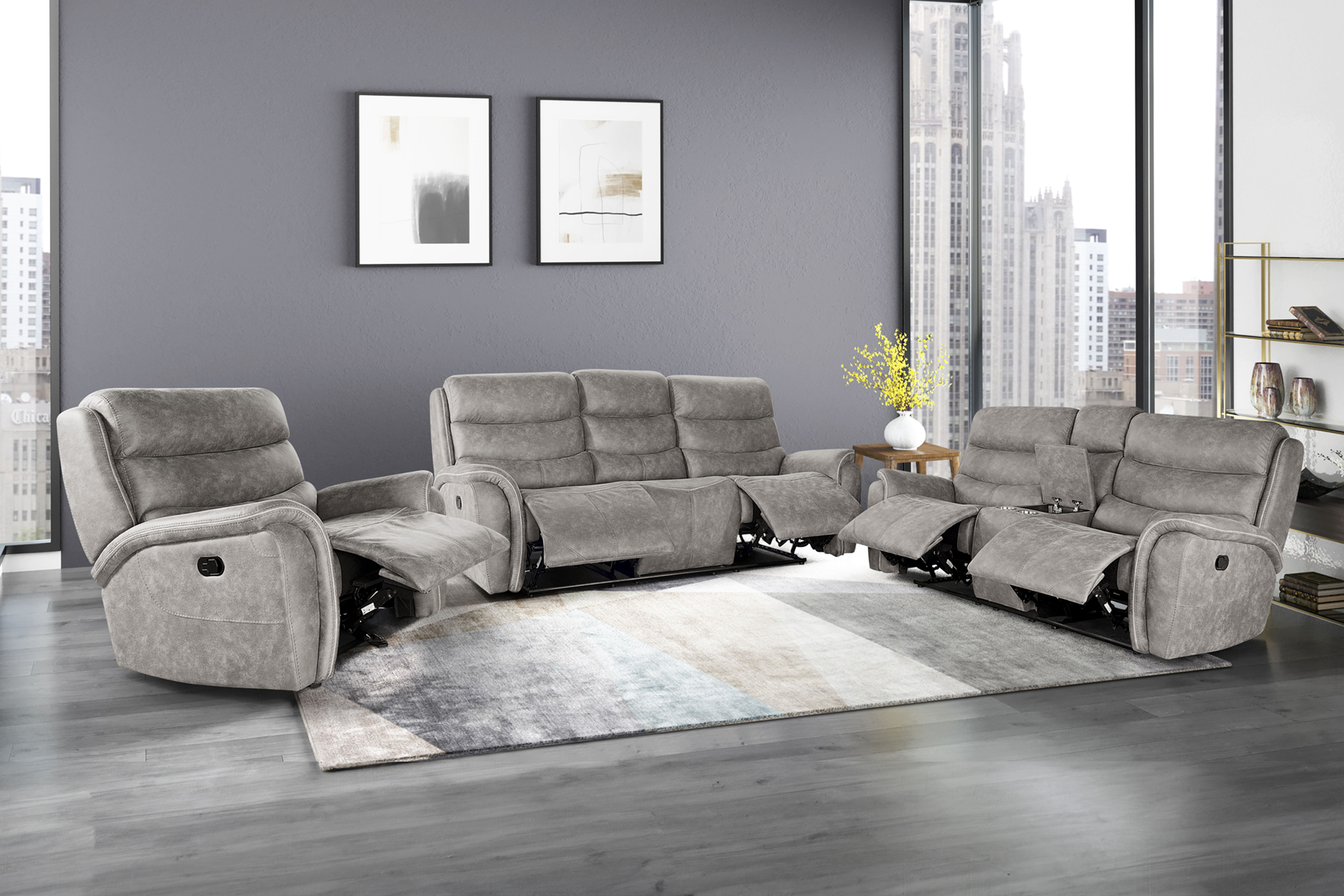 Kamari - Manual 3 Piece Sofa & Loveseat & Recliner - Gray