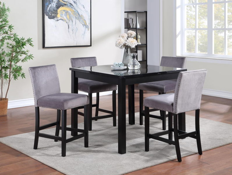 D206 - 5 Piece Dining Room Set (Marble Dining Table, 4 Velvet Chairs) - Gray