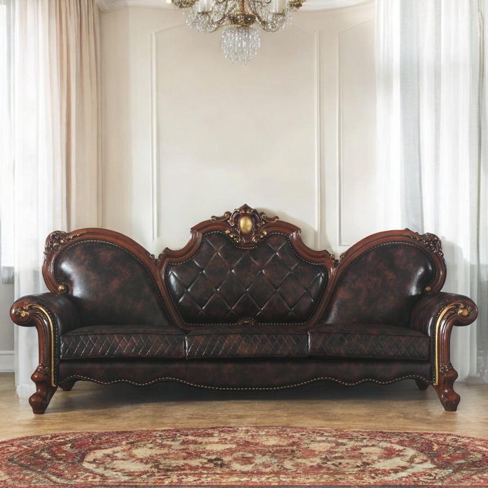 Picardy - Oversized Sofa With 5 Pillows - Synthetic Leather & Honey Oak, dark brown