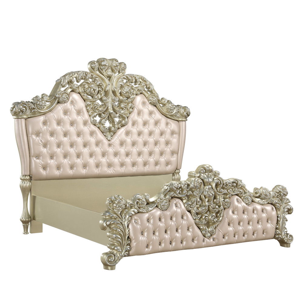 Vatican - Eastern King Bed - Synthetic Leather, Light Gold & Champagne Silver, beige, view 2
