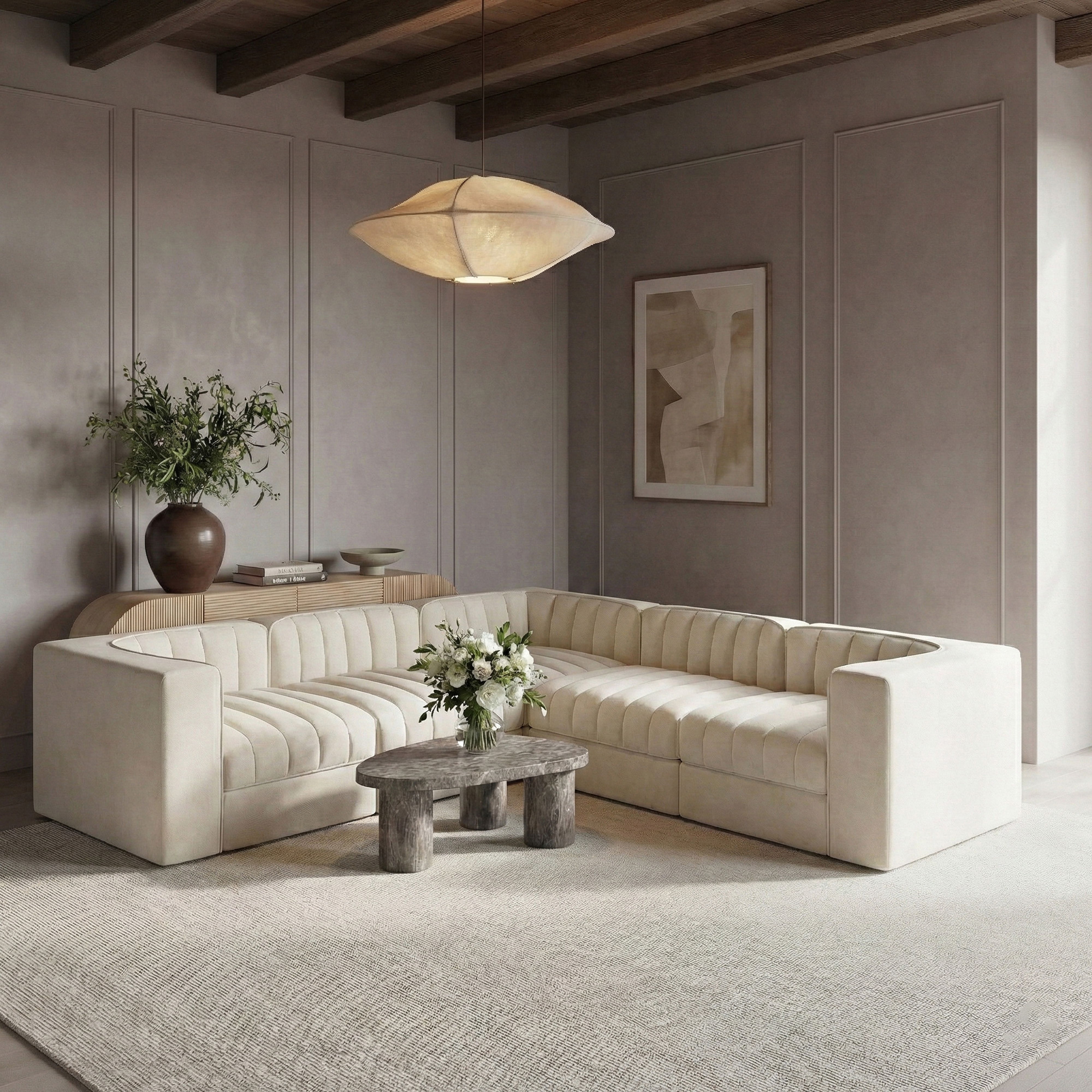 Rummi - Velvet Performance Fabric Upholstered 5 Piece Modular Sectional - Cream