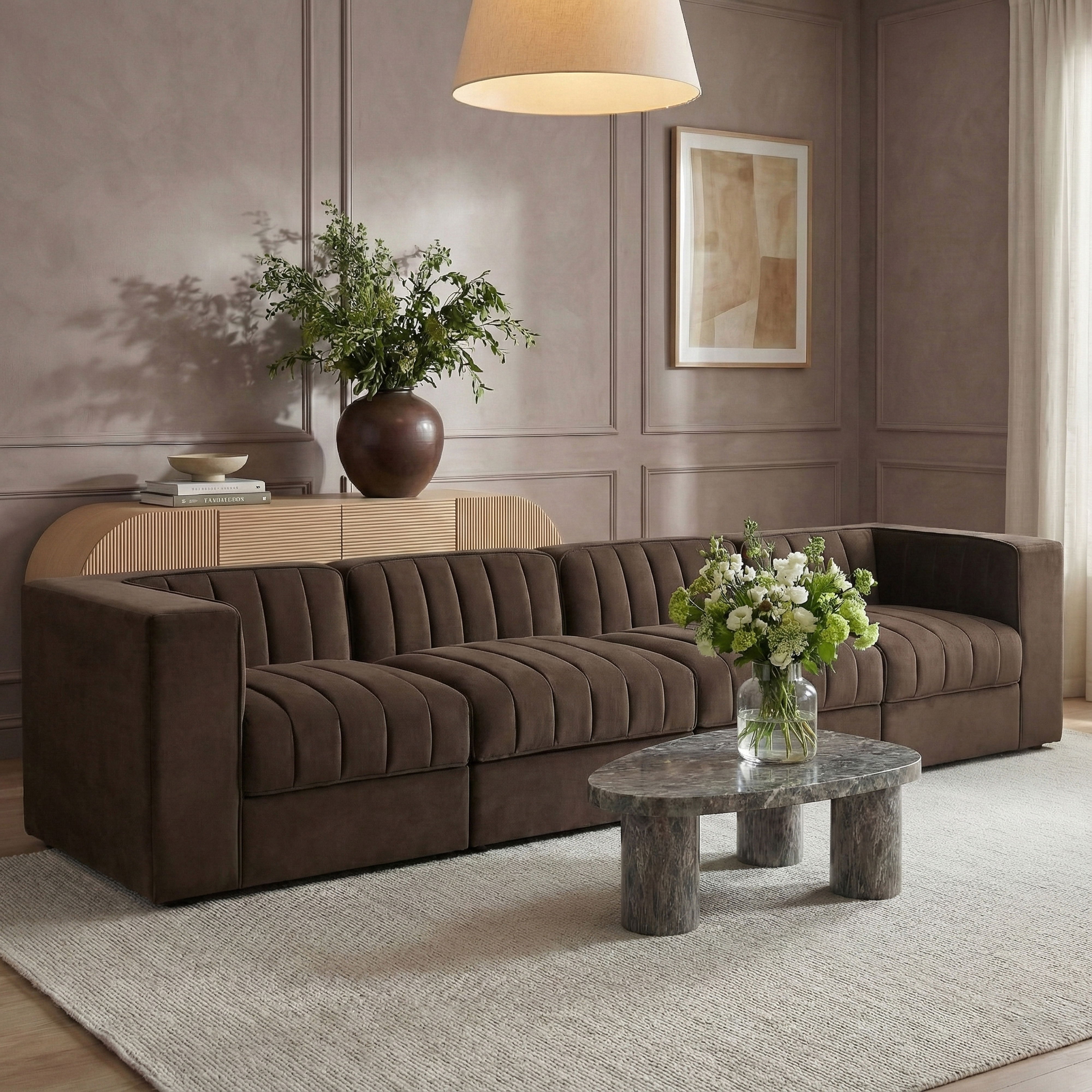 Rummi - Velvet Performance Fabric Upholstered 4 Piece Modular Sofa - Brown