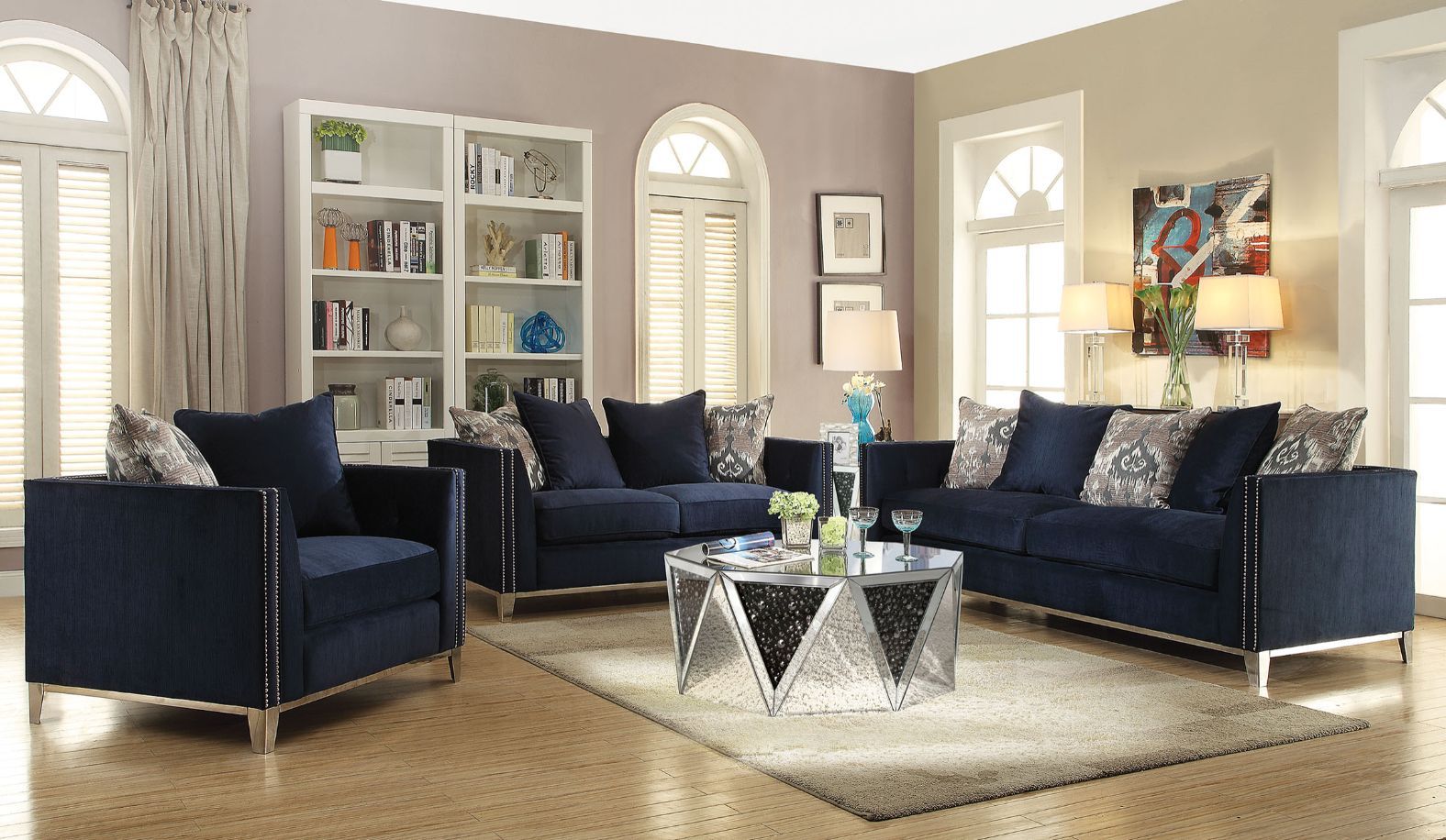 Phaedra - Sofa With 5 Pillows - Blue Fabric, blue