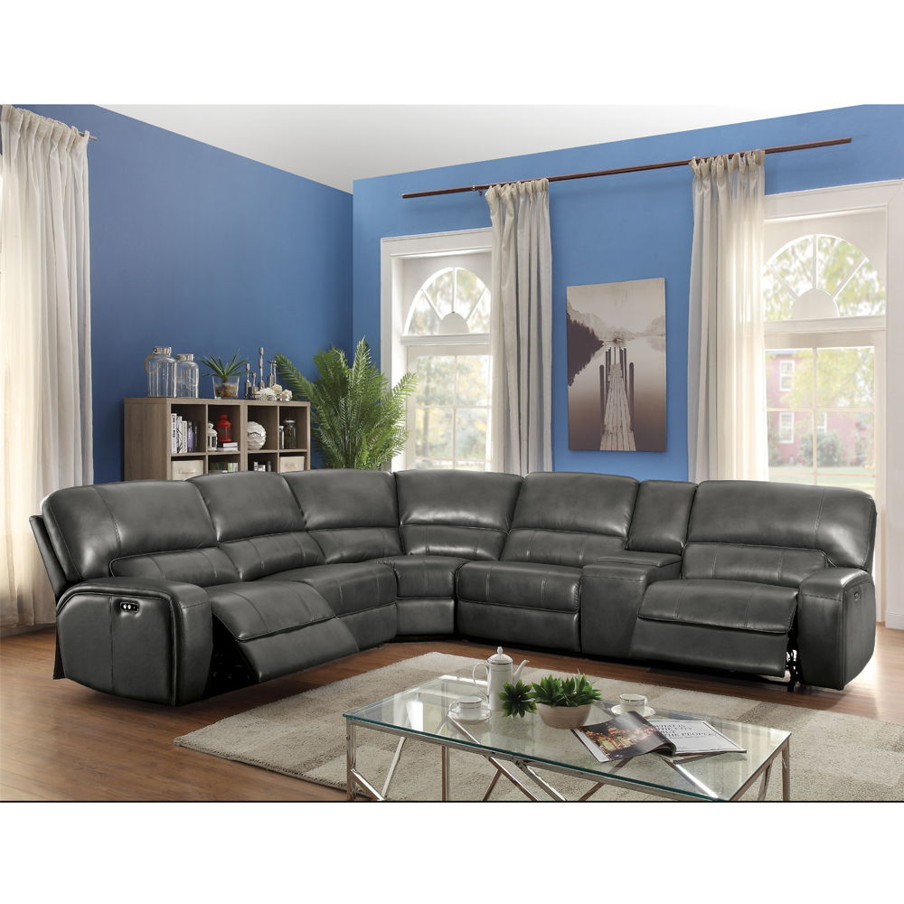 Saul - Power Motion Sectional Sofa - Gray Leather-Aire, dark gray