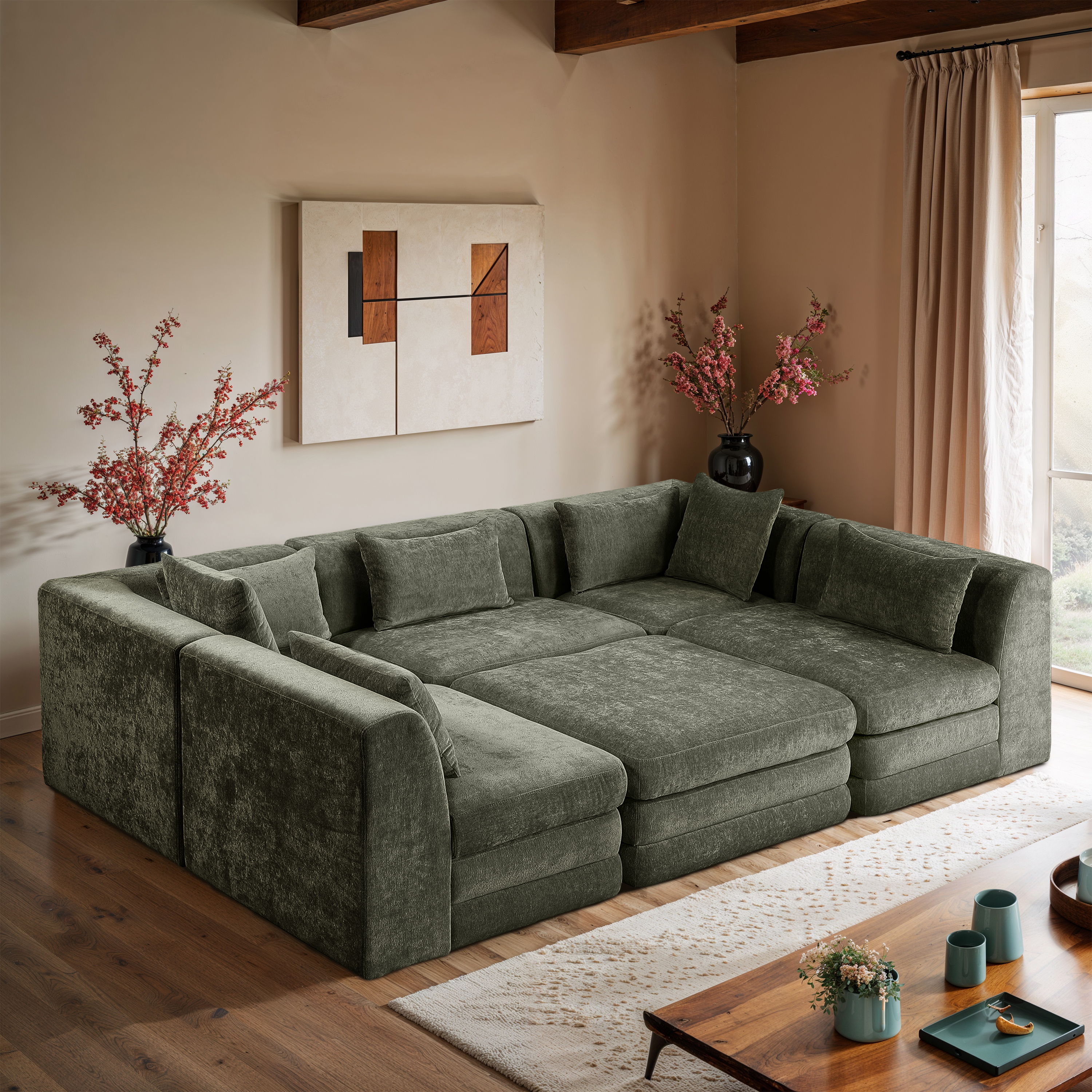 Stellar - 6 Piece Chenille Fabric 114" Upholstered Modular Sectional - Green