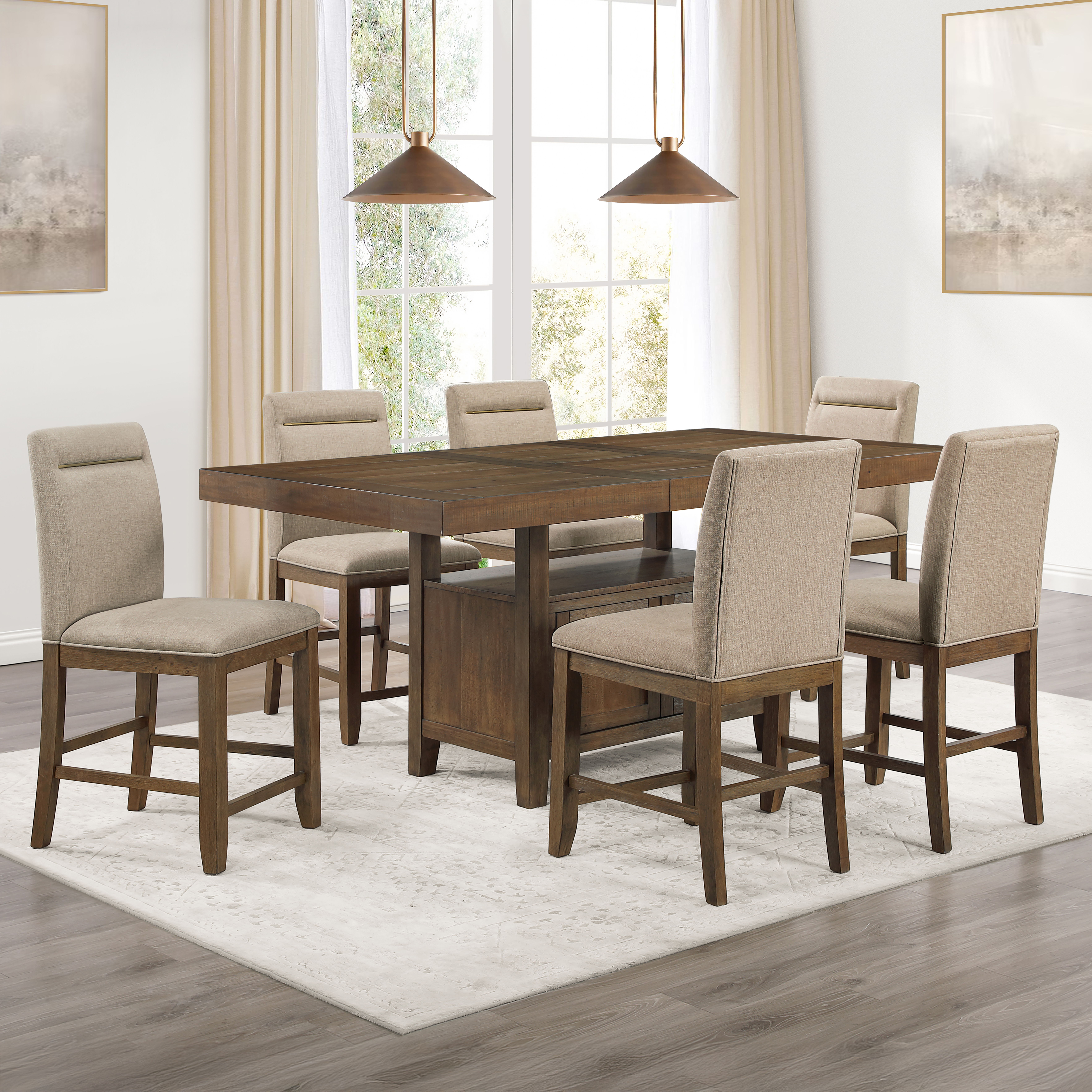 Garland - 7 Piece Counter Dining Set - Dark Brown / Beige