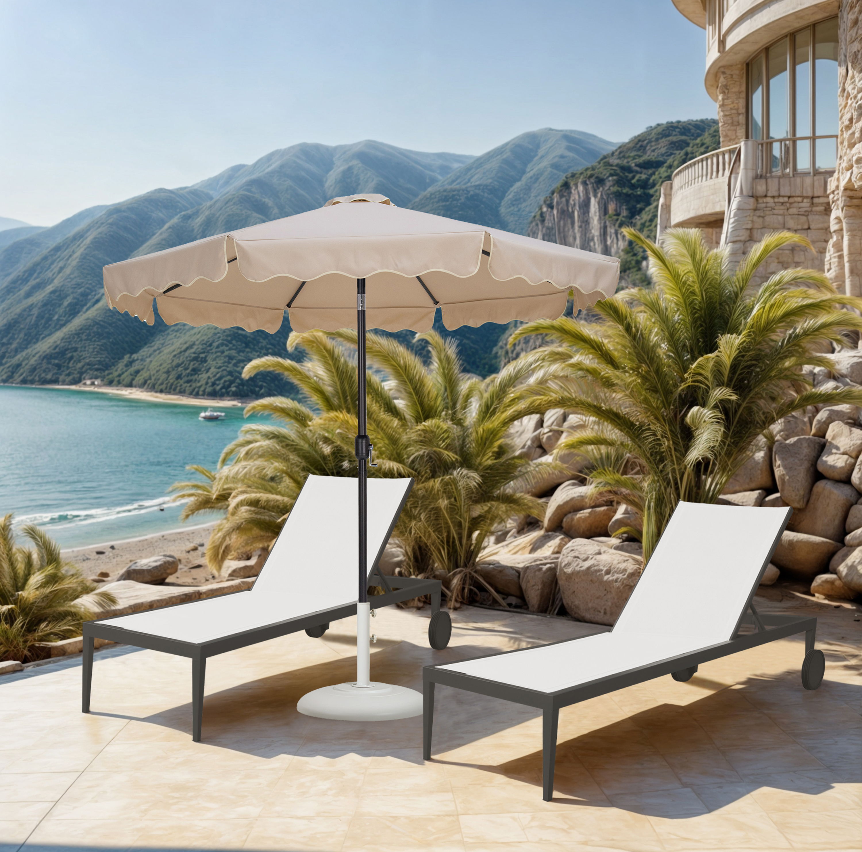 Amalfi - With Cream Piping Aluminum Patio Umbrella With White Base / Black Pole - Beige