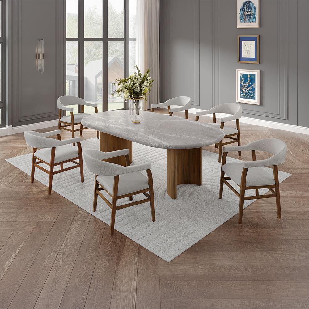 Darcy - Dining Table - Natural Marble Top & Dark Walnut, light brown, view 4