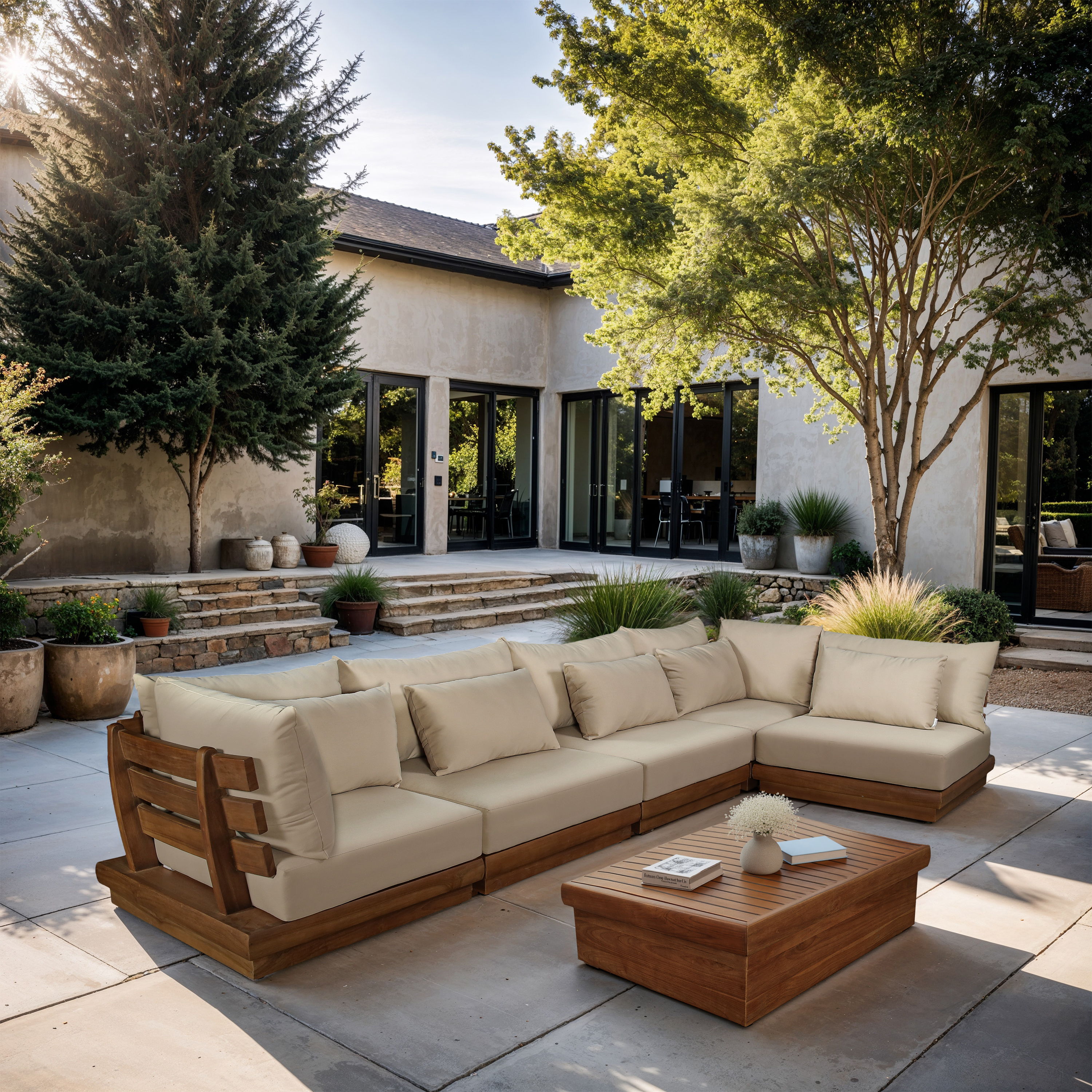 Mirella - 5 Piece Water Resistant Fabric 150" Upholstered Outdoor Patio Modular Sectional - Tan