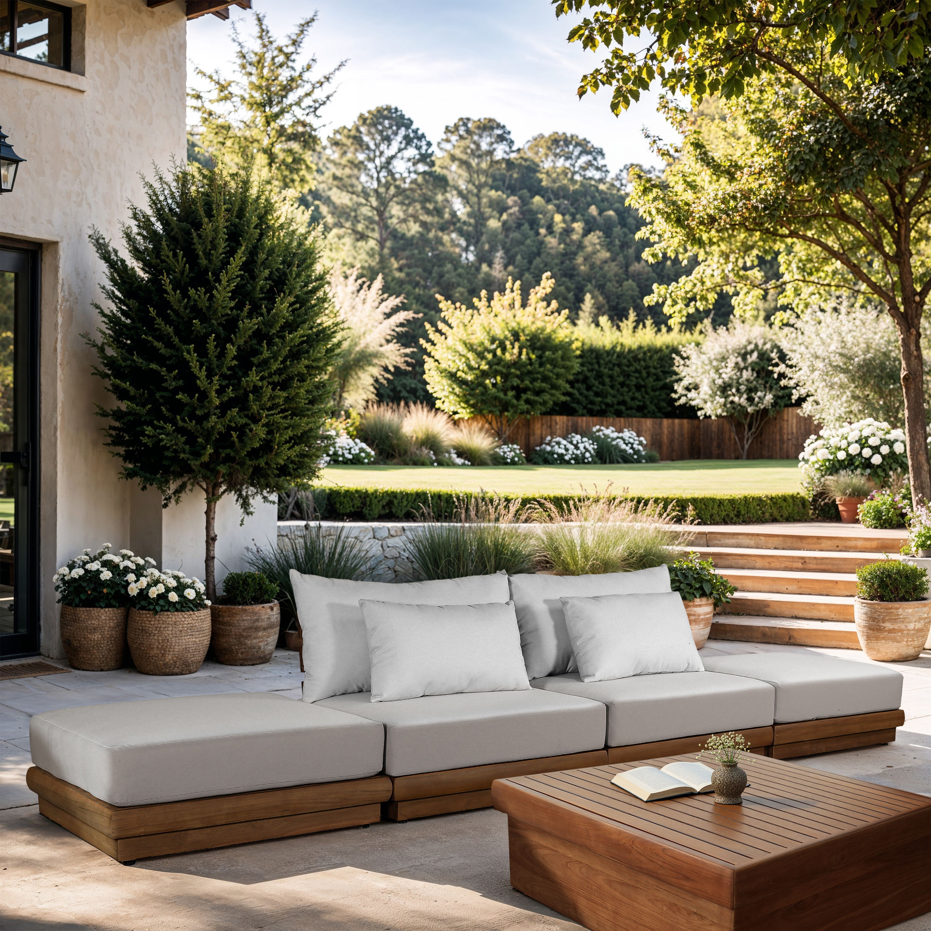 Mirella - 4 Piece Water Resistant Fabric 148" Upholstered Outdoor Patio Modular Sofa - Off-White