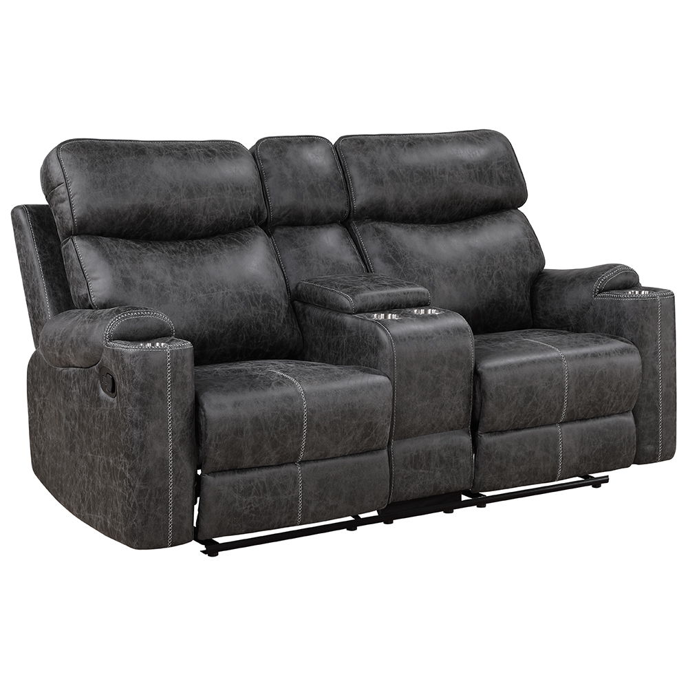 Hirah - Motion Loveseat With Console & USB Port - Dark Gray Polish Microfiber, dark gray