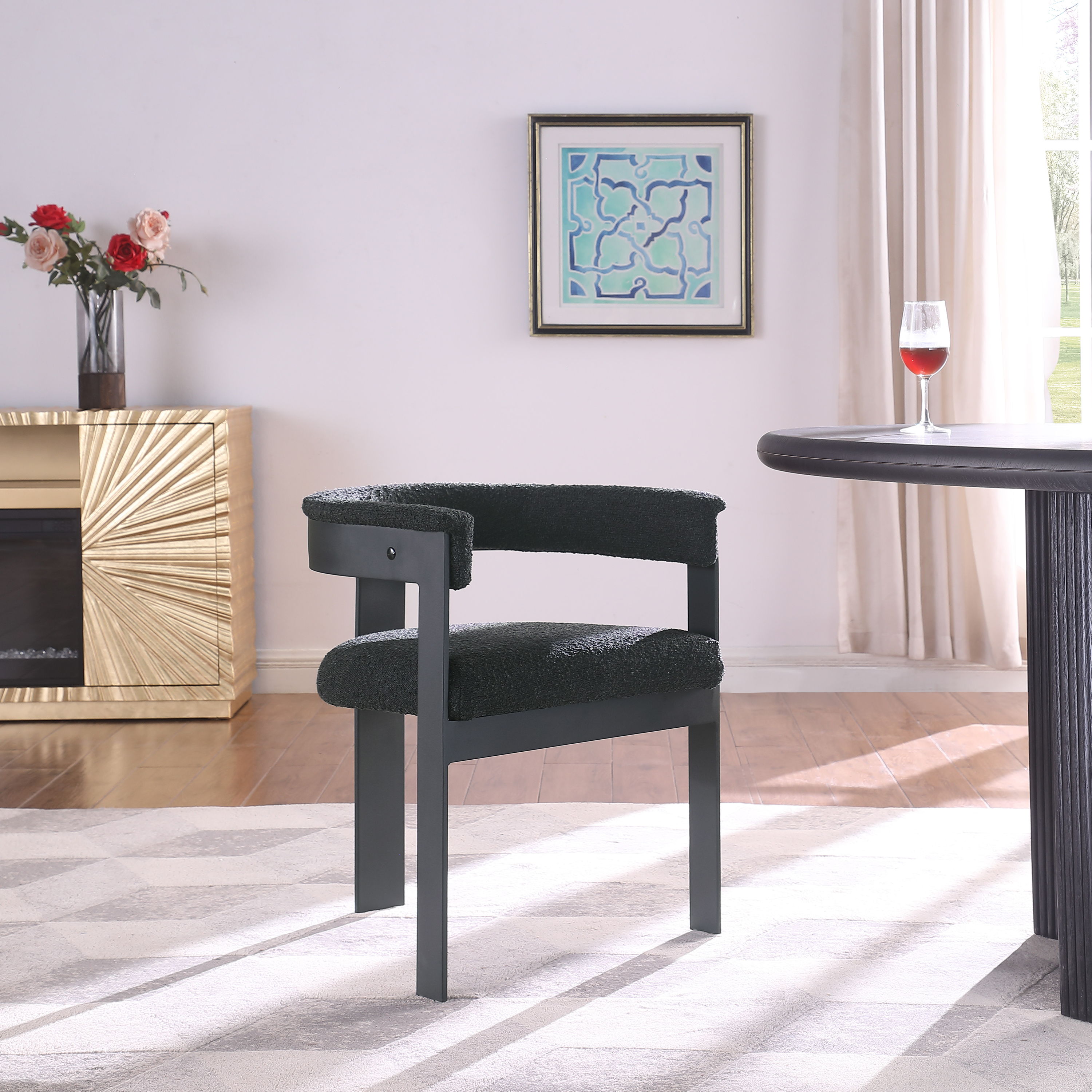 Romeo - Boucle Dining Chair With Black Base (Set of 2) - Black