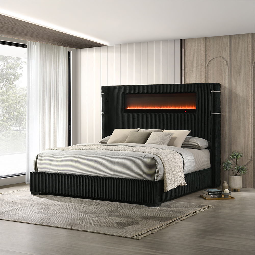 Garner - Queen Bed With Fireplace, LED, Reading Light, Speaker, Bluetooth & USB - Black & Gray, black