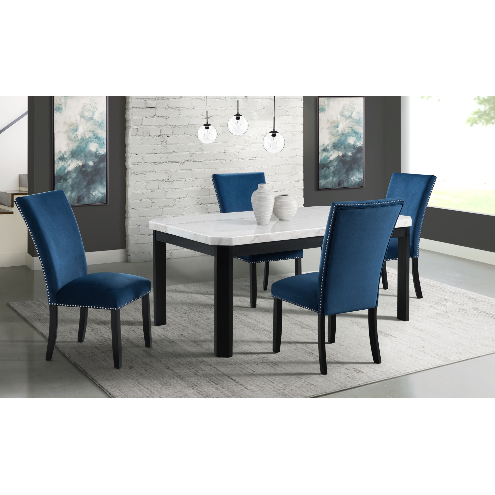 Francesca - 5 Piece Dining Set (Table & Four Chairs) - White / Blue