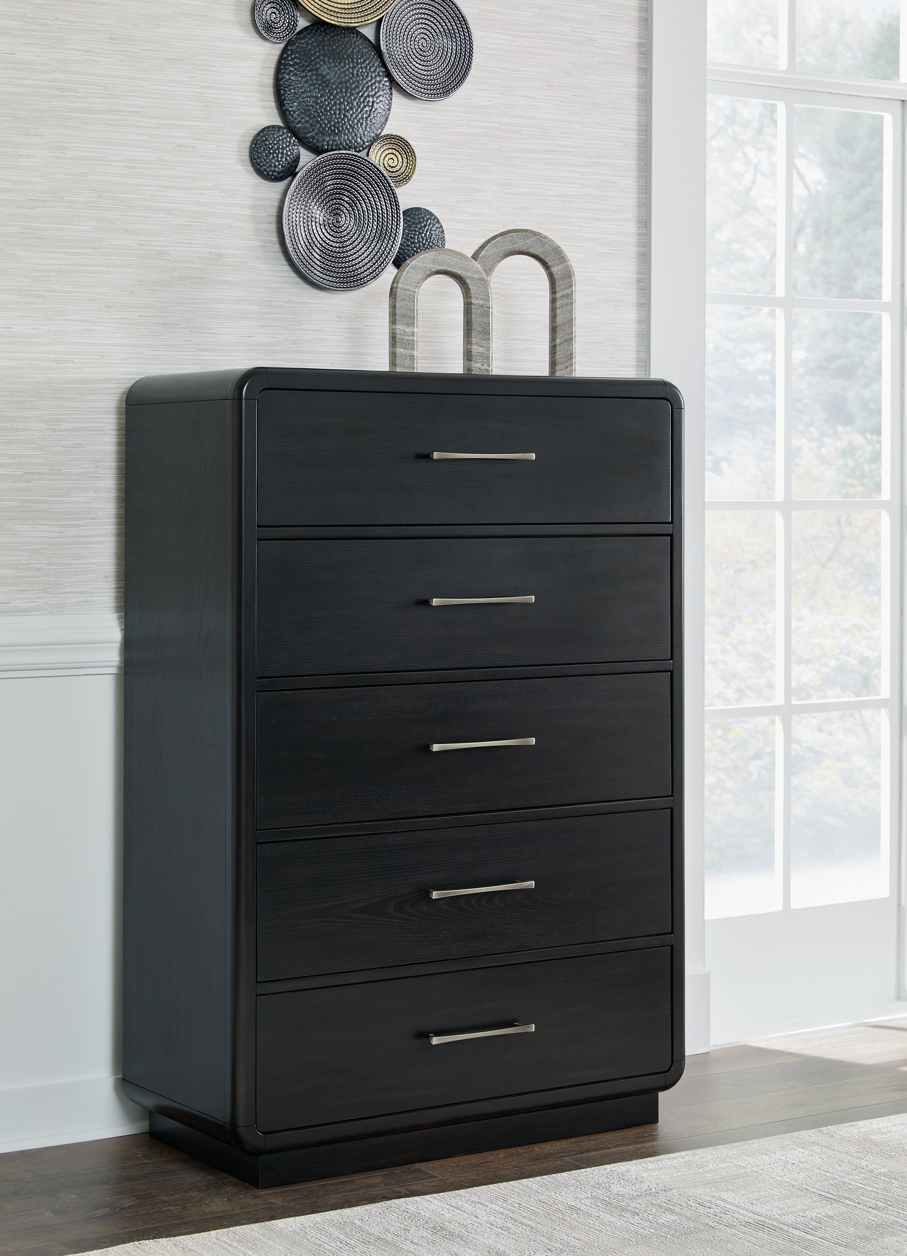 Ashley Furniture Rowanbeck - 5 Pc. - Dresser, Mirror, Chest, King Upholstered Panel Bed - Gray / Black - Image 6