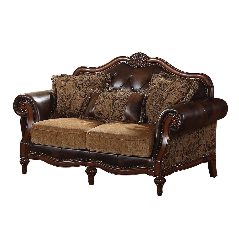 Dreena - Loveseat With 3 Pillows - Two Tone Brown Synthetic Leather & Chenille Cherry, dark brown, view 2