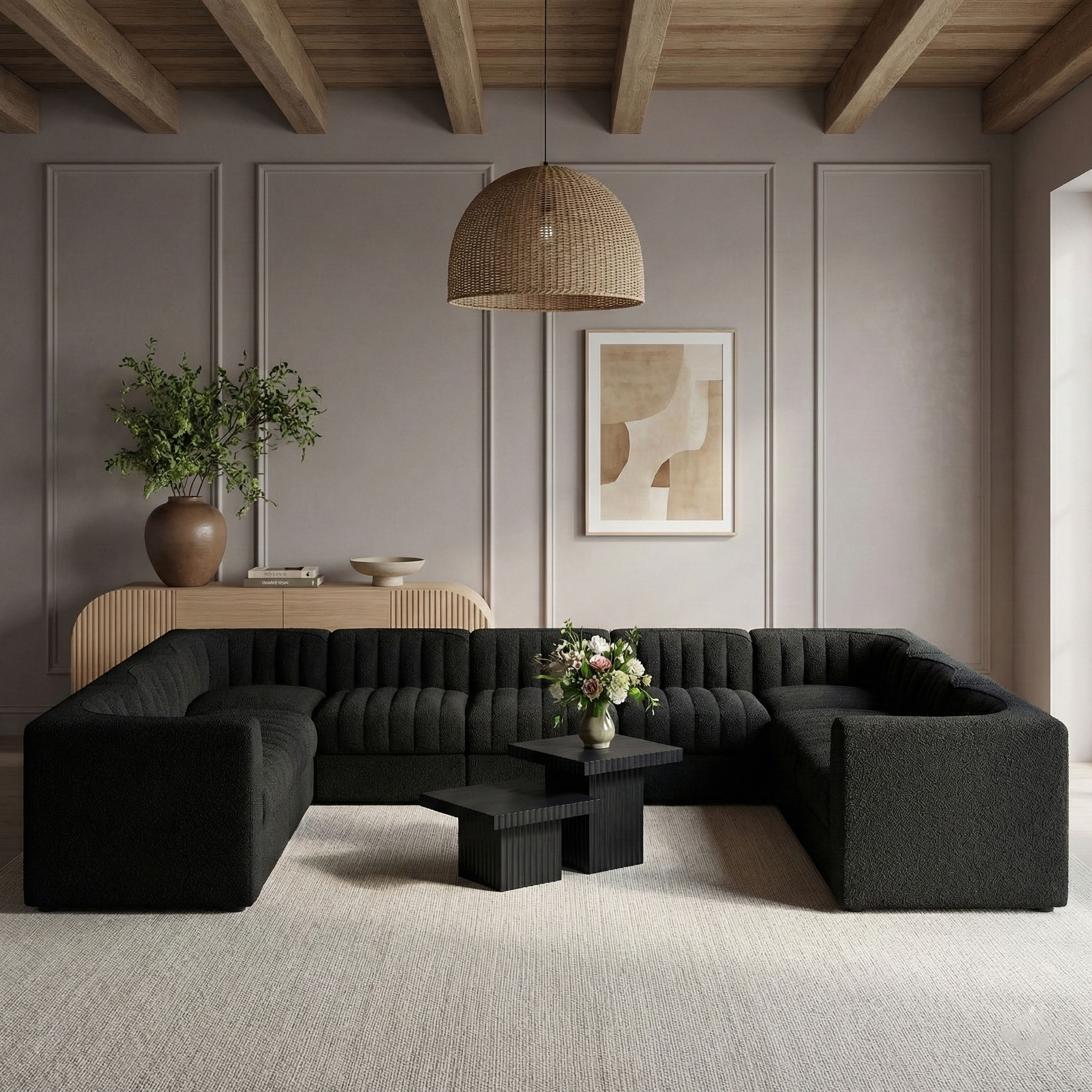 Rummi - Velvet Performance Fabric Upholstered 9 Piece Modular Sectional - Black