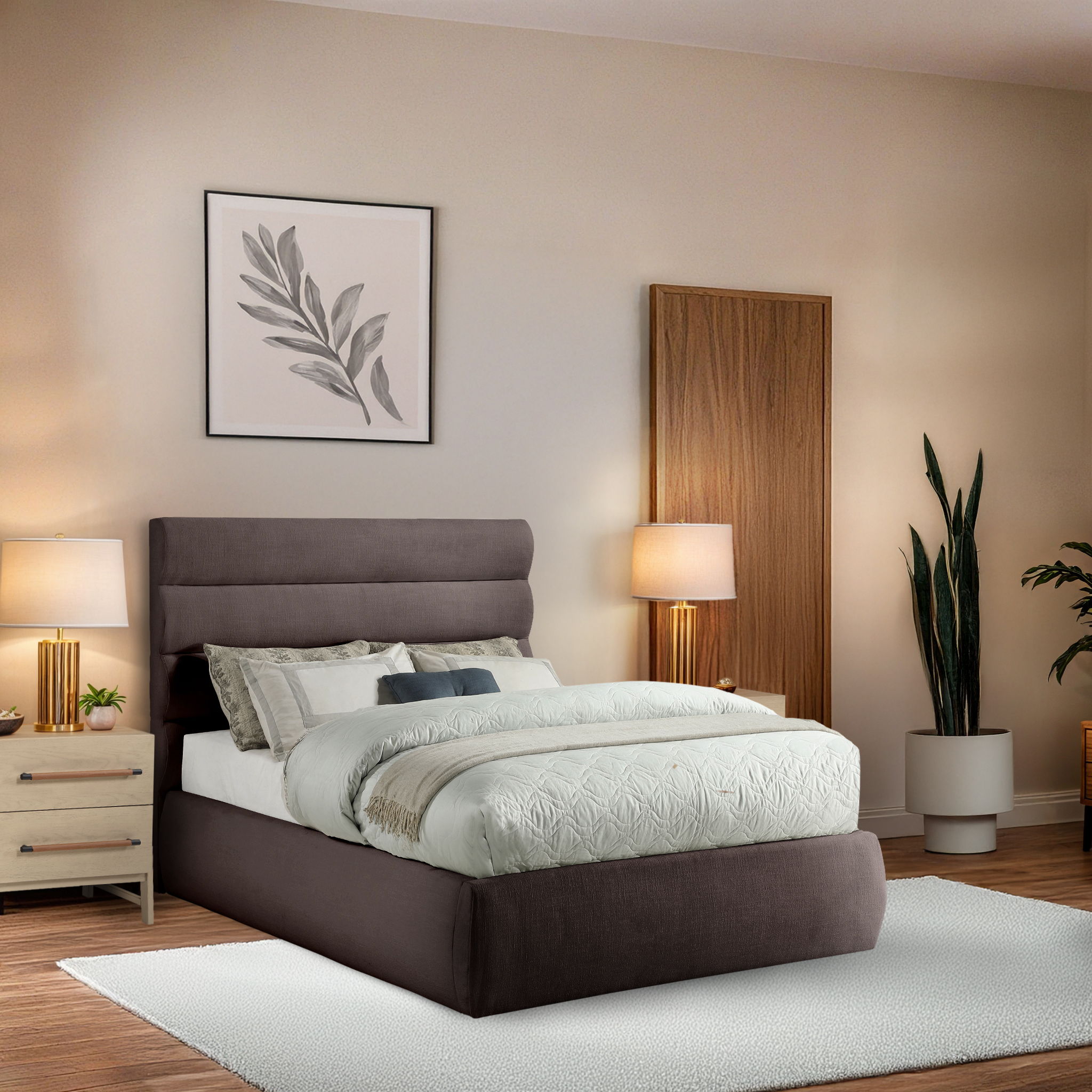 Adam - Linen Fabric Full Bed With 52" Headboard - Brown