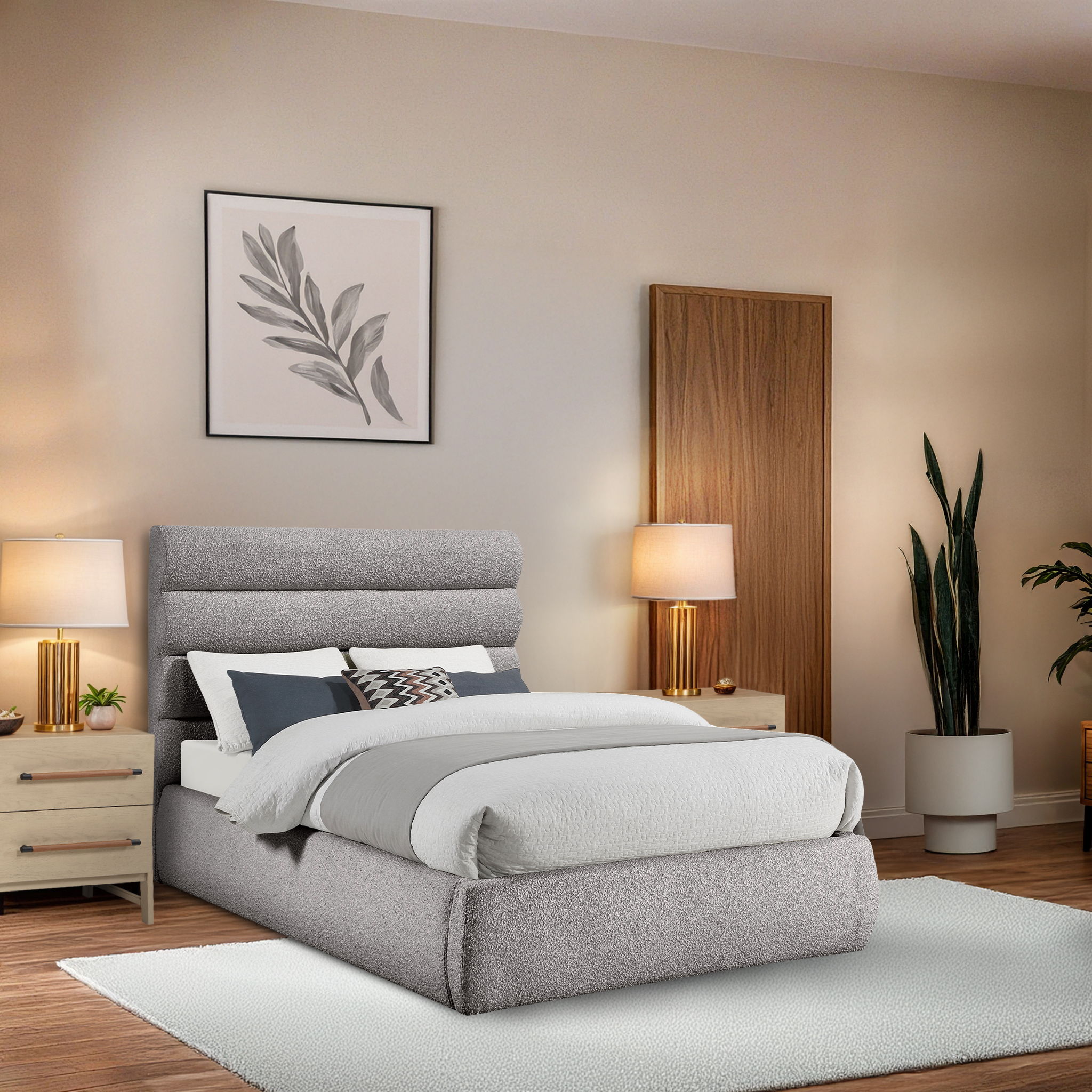 Adam - Boucle Fabric Full Bed With 52" Headboard - Taupe